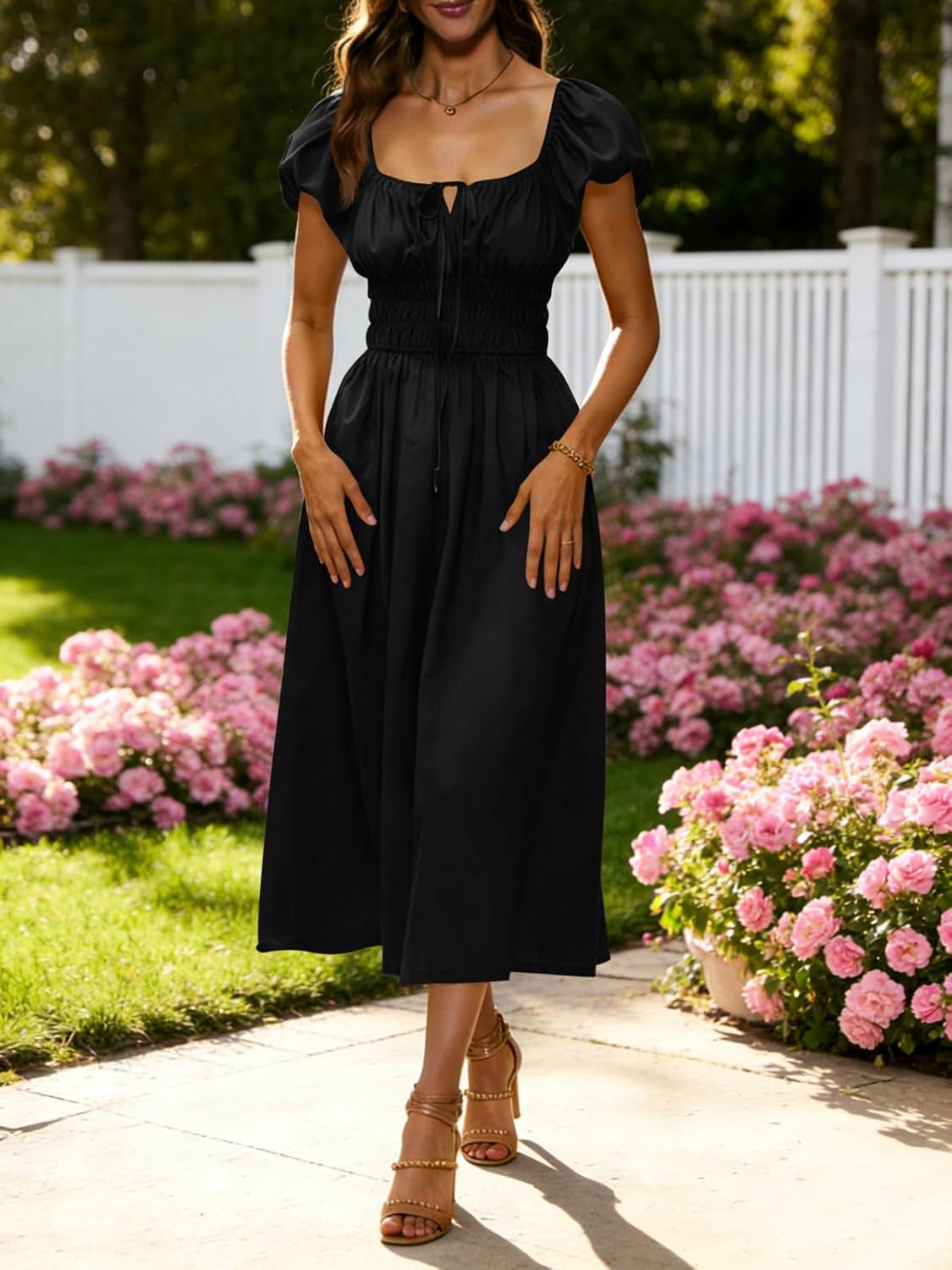 Yousify Women's Summer Dresses 2026 Short Puff Sleeve Midi Dress Casual Scoop Neck A Line Sundress with Pockets - Image 5