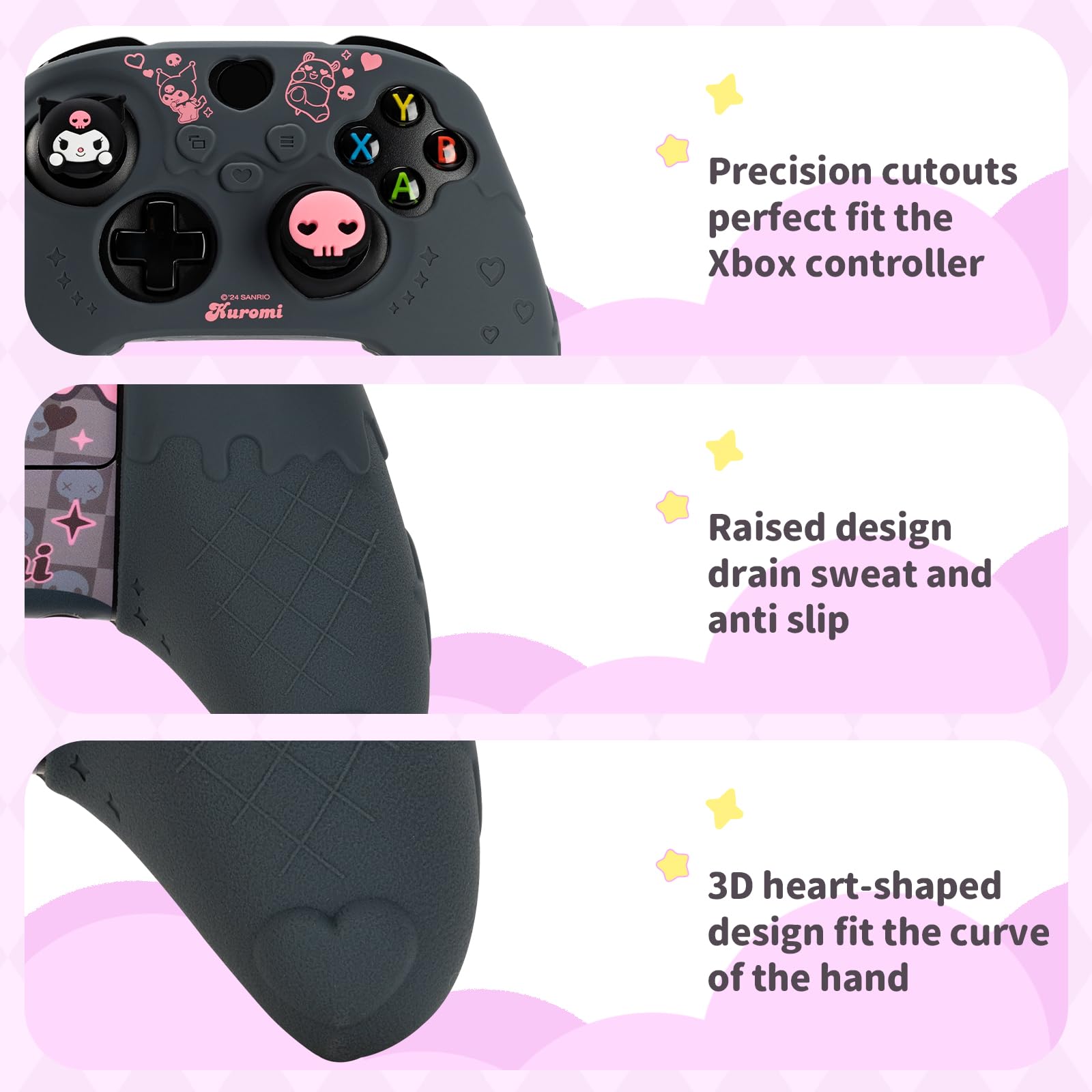 Kuitmor Cover per controller Xbox Series X/S, in morbido silicone antiscivolo, custodia protettiva compatibile con controller Xbox, con 2 tappi per impugnatura per pollice e 1 adesivo (nero Kuromi)
