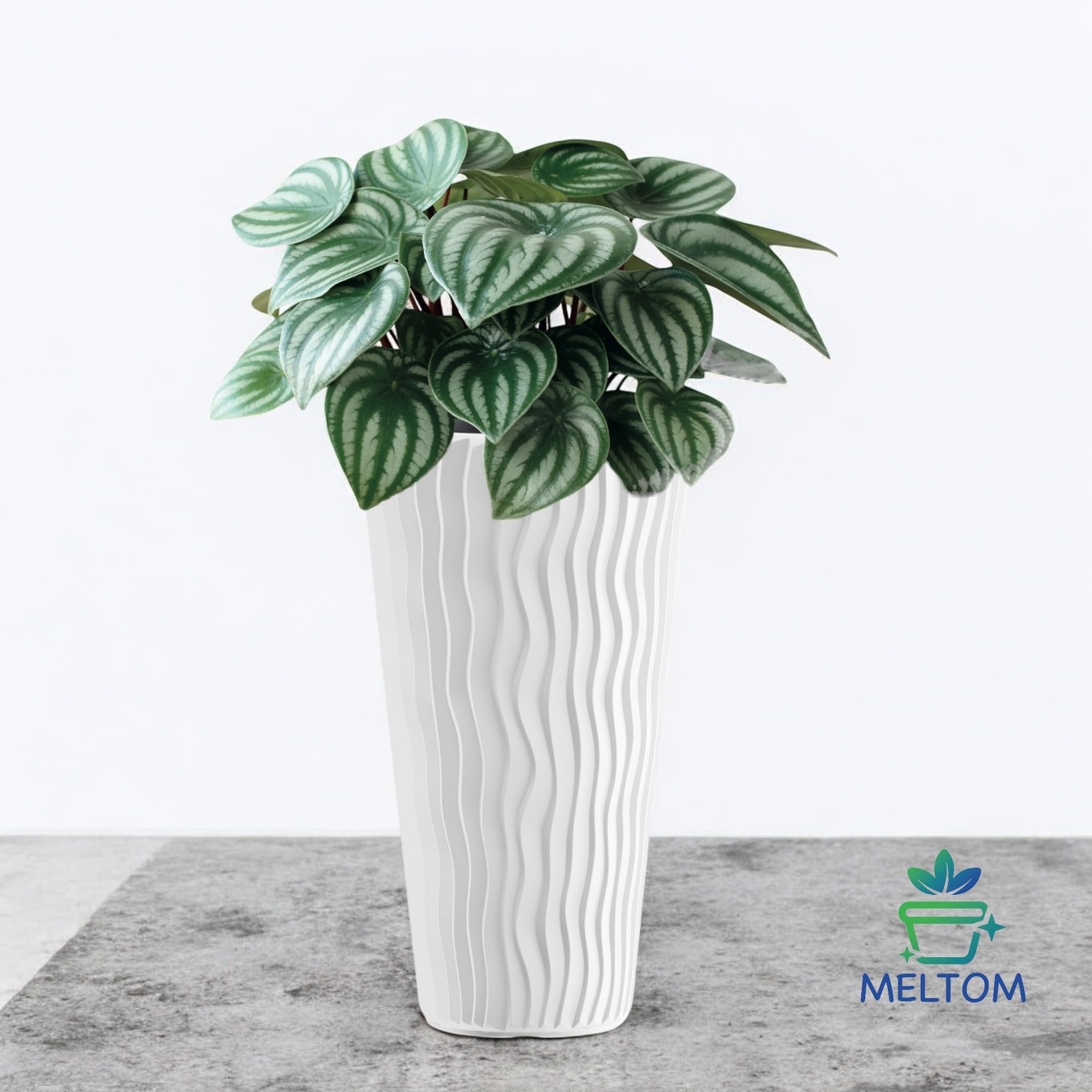 MELTOM Vaso da fiori con effetto ondulato verticale, inserto rimovibile, in plastica, per interni ed esterni protetti (bianco, XXL)