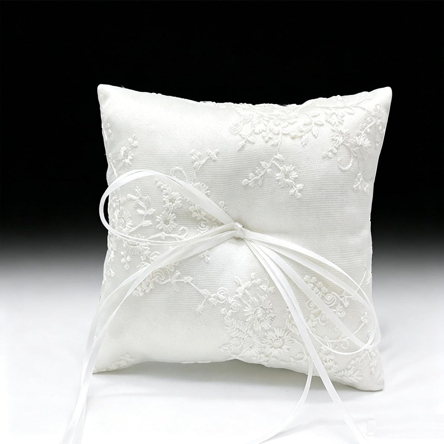 Wedding Ring Bearer Pillow, White Satin with Floral Lace Embroidery and Ribbon Bow, Square 6 x 6 inches for Beach Proposal Ceremony Party