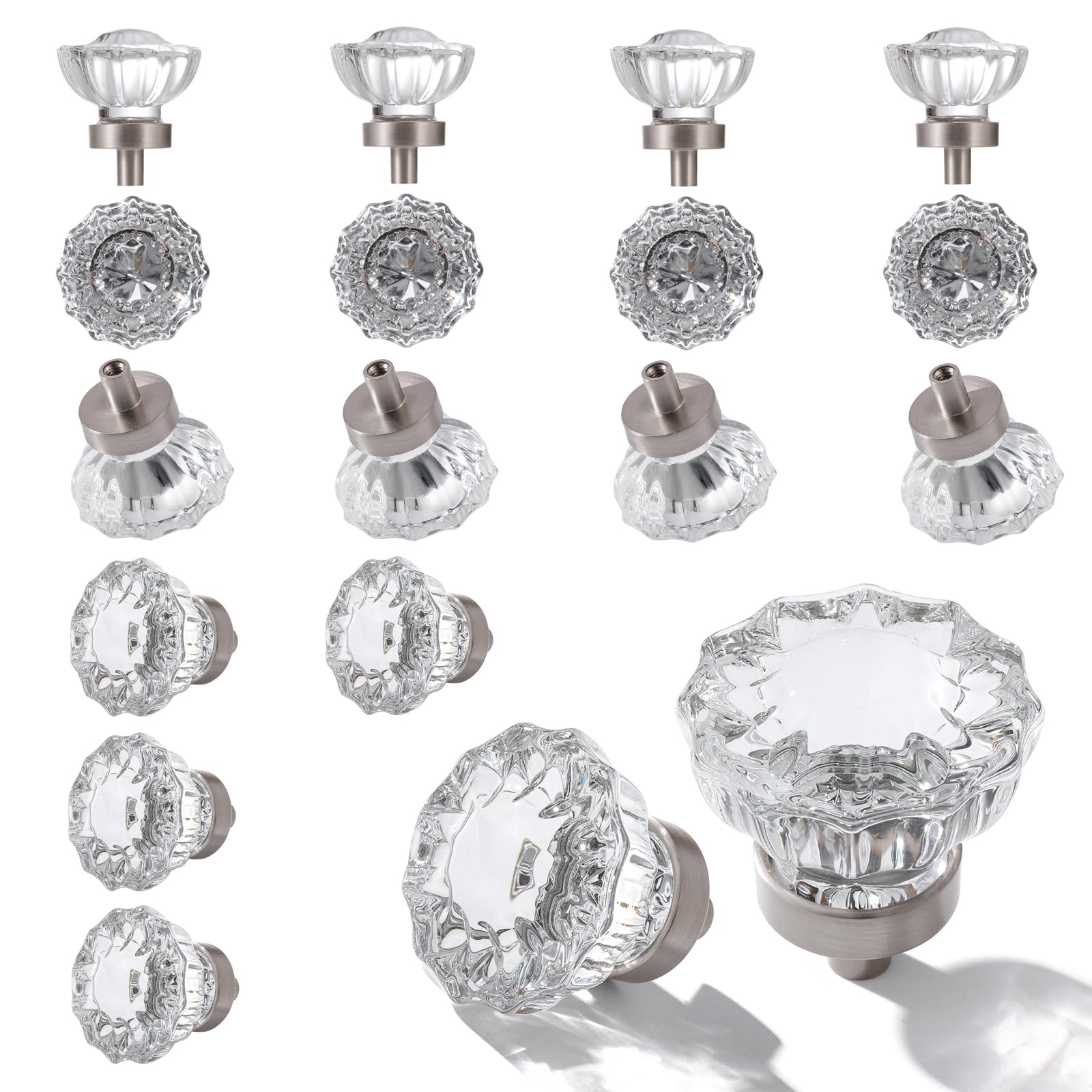 CEYMIO Crystal Cabinet Knobs 16 Pack Clear Glass Pulls for Kitchen Bedroom Bathroom Living Room Furniture, Brushed Nickel Silver Base Old Style