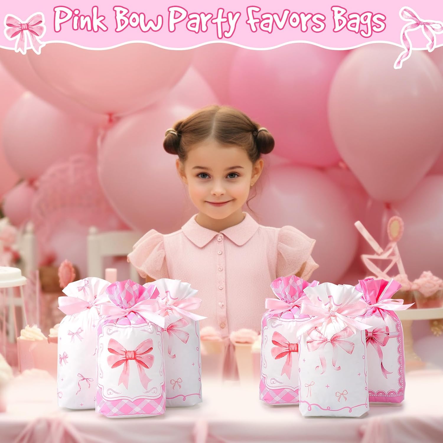 Blosssound 48 Pcs Valentine's Day Pink Bow Theme Bags 9 x 6 Inch Coquette Drawstring Plastic Treat Gift Goodie Candy Bag Bulk for Birthday Weddings Bridal Shower Engagement Party Supplies - Image 5