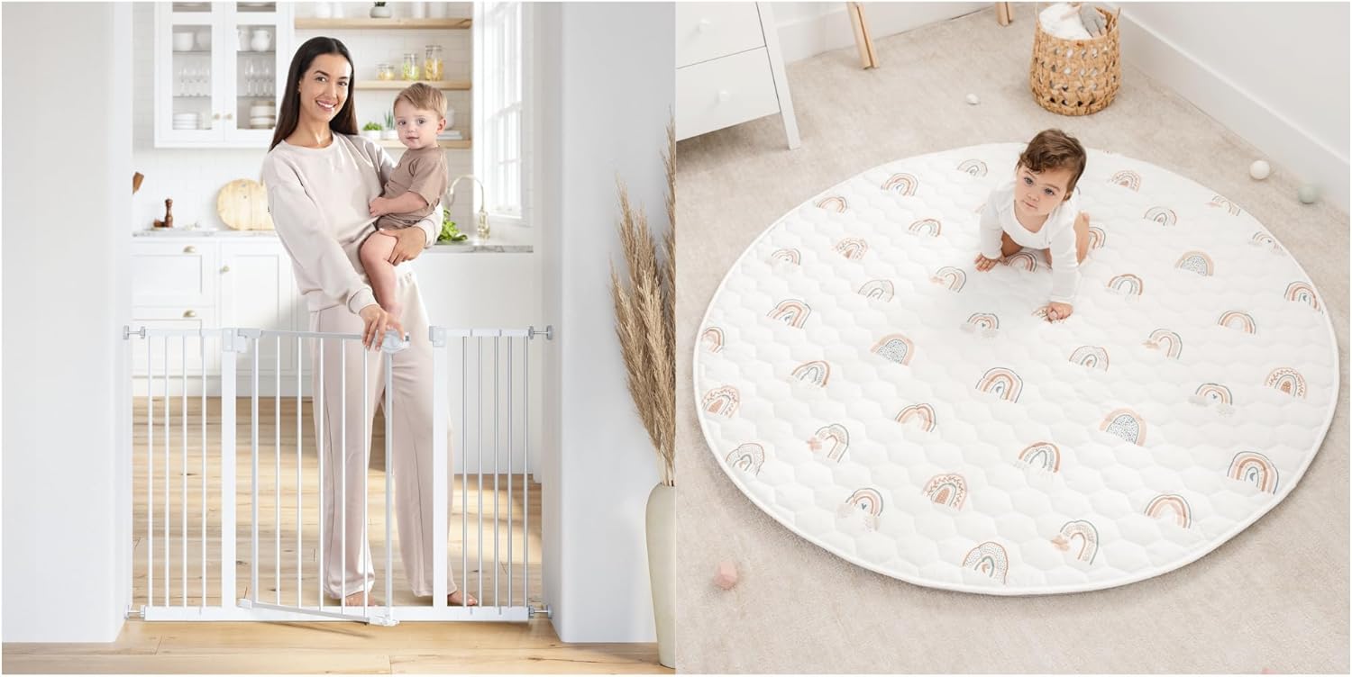 Baby Safety Gate and Round Kids Play Mat - Large Bundled by Comfy Cubs