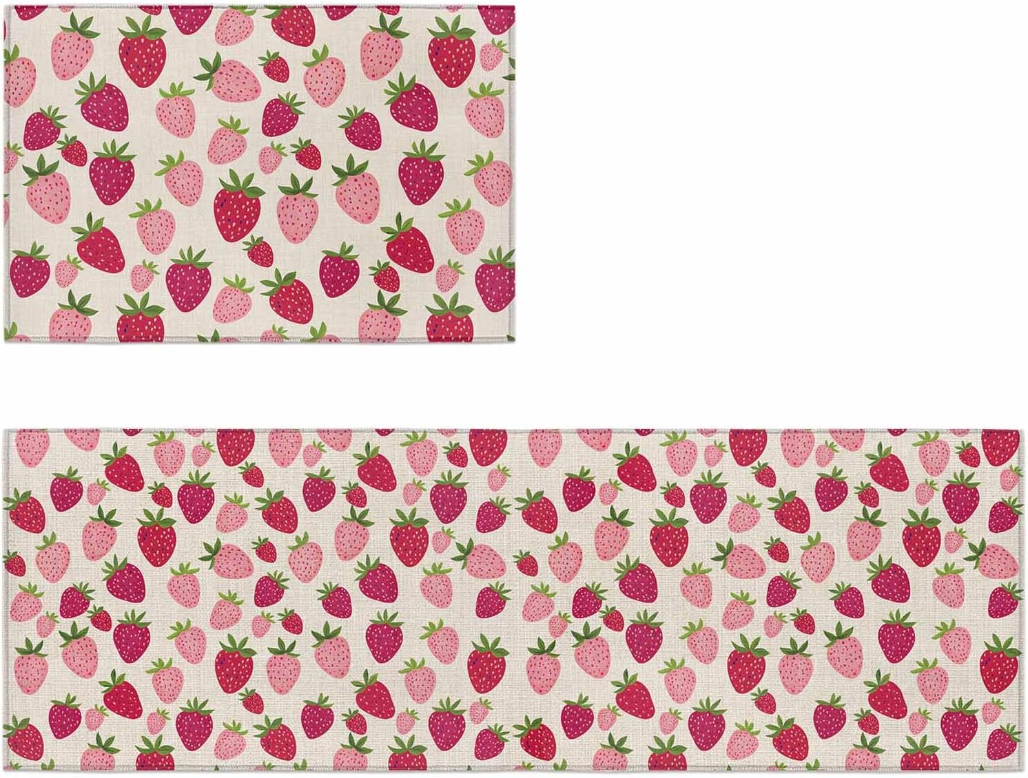 Kitchen Mats for Floor Pink Strawberry Summer Fruit Washable Non Slip Kitchen Rugs 2PCS, Farm Harvest Retro Linen Absorbent Standing Mats for Sink Bathroom Office Living Room 15.7x23.6in+15.7x47.2in