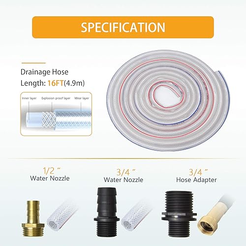 Miniatura 6 de Bomba de cubierta de piscina Bombas de sumidero sobre el suelo Bomba de agua 850GPH Eliminación de agua con 3 adaptadores Manguera de drenaje de 16