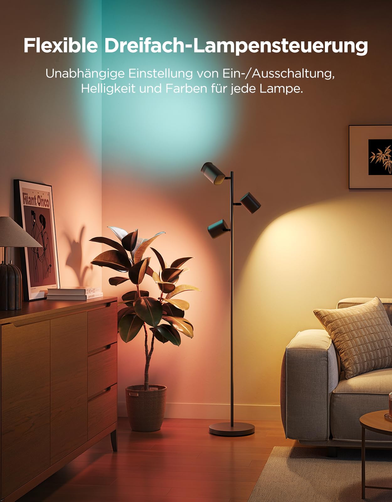 Govee 3-Flammen LED Stehlampe, RGBWW Fokus-Verstellbar, 1500lm, Matter Alexa Kompatibel, 64+ Szenen, Musik Sync, 157cm, Schwarz