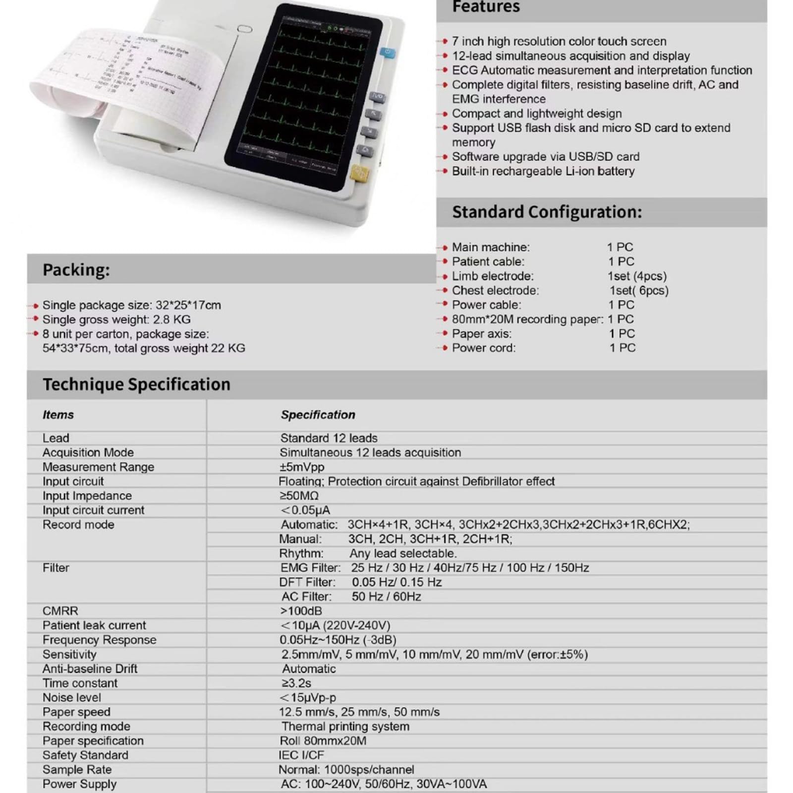 Monitor De ECG Portátil con Papel De Impresión, Máquina De ECG De 3 Canales Y 12 Derivaciones, Electrocardiógrafo Portátil De 7 Pulgadas, Actualización De Software Mediante USB/Tarjeta SD.