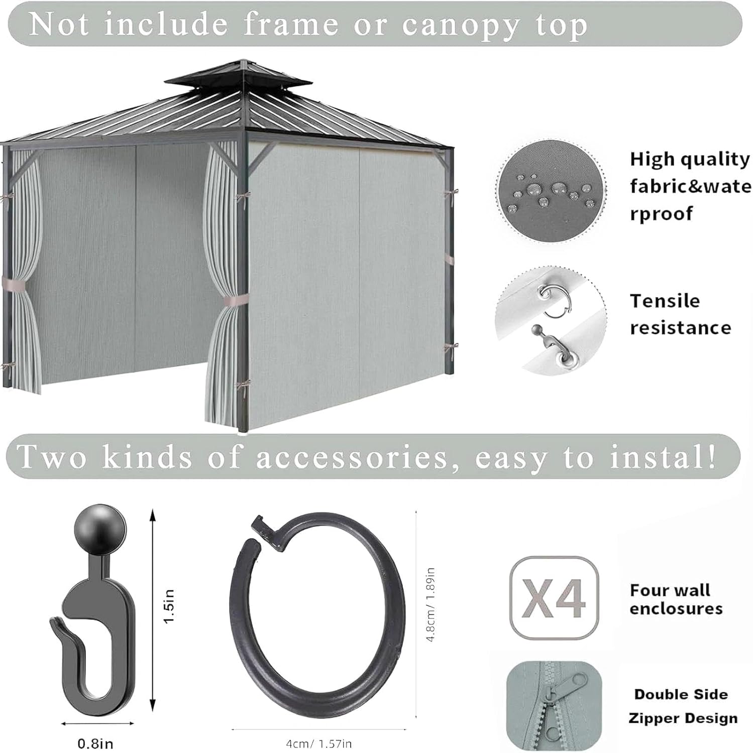Gazebo Curtains Outdoor Waterproof 4 Panels - All-Weather Resistant, Double Zipper & Five-Min Installation, Privacy Shade Side Walls for Patio Garden (Grey, 10' x 12')