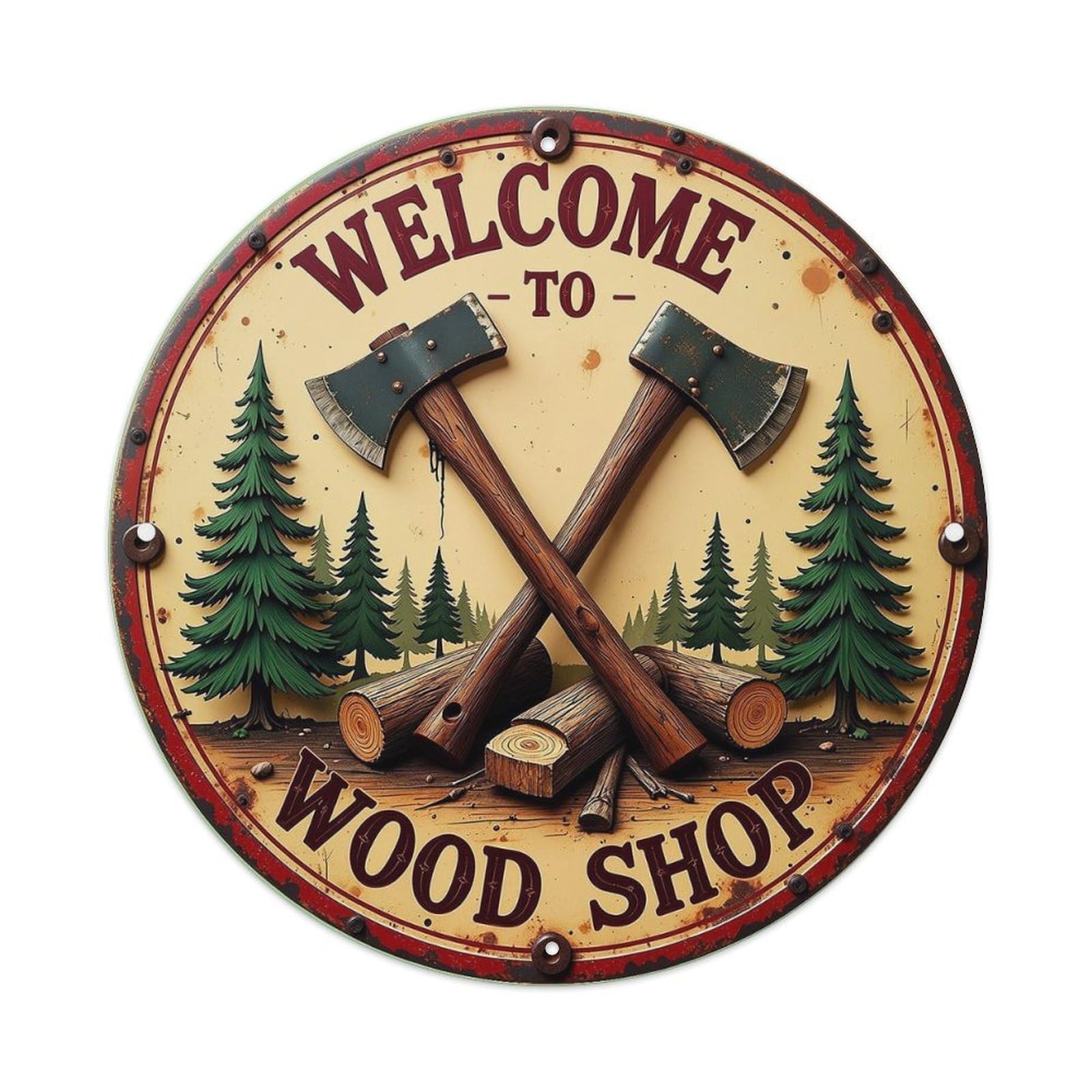 Welcome To Wood Shop Round Metal Tin Sign Vintage Wall Decor, Bar Garage Cafe Kitchen Home Wall Art Poster 8x8inches
