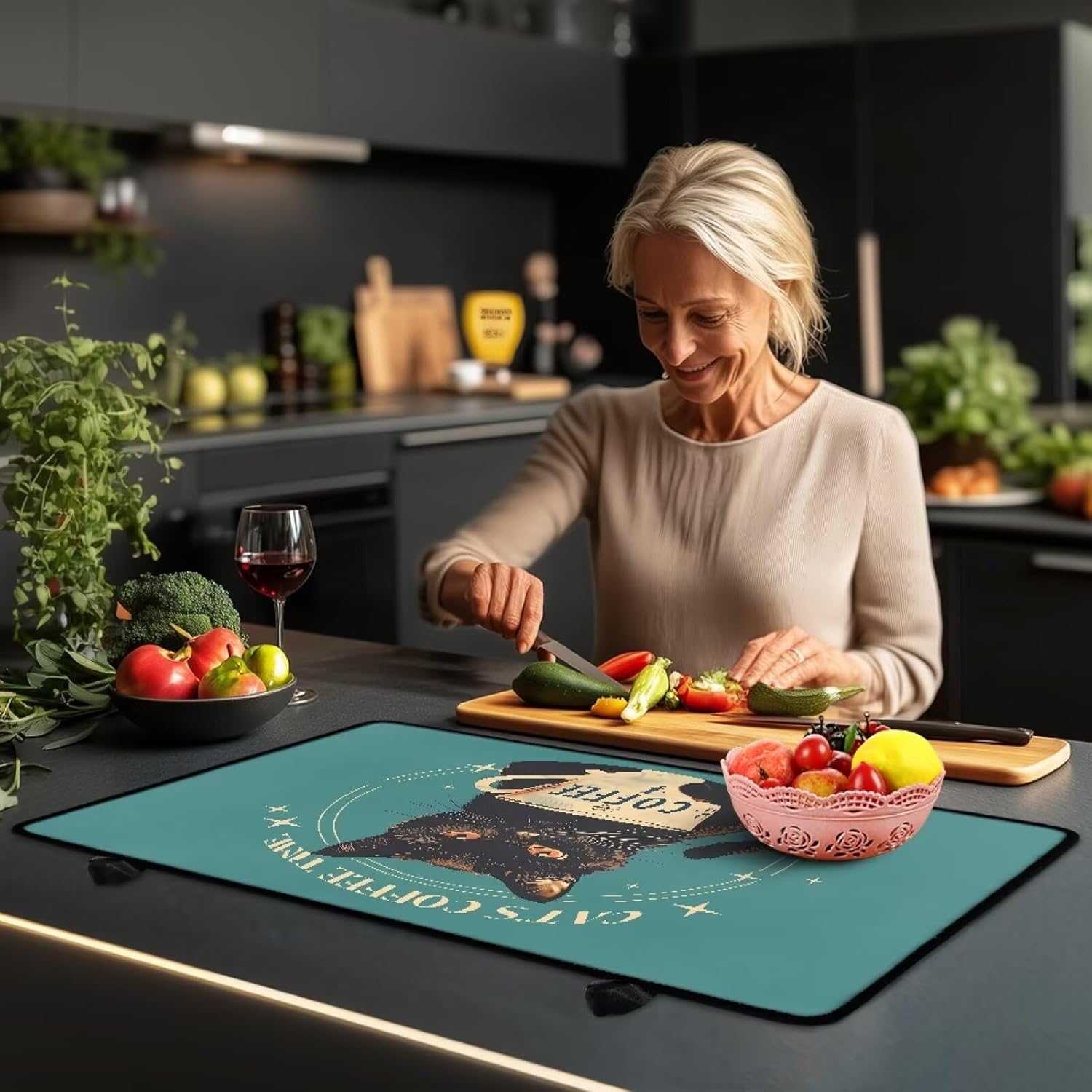 Poceacles Stove Top Cover Protector for Glass Stove, Anti-slip Cooktop Mat Scratch Resistant Oven Mat Protector Range Cover Extra Kitchen Space, Black Cat Coffee Time