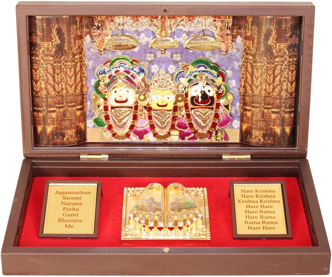 GoldGiftIdeas 24K Gold Plated Shree Jagannath Puri Photo Frame with Charan Paduka, Return Gift for Indian Pooja, Shri Krishna with Subhadra and Balram (3D Frame) for Housewarming 21 x 11.5 CM