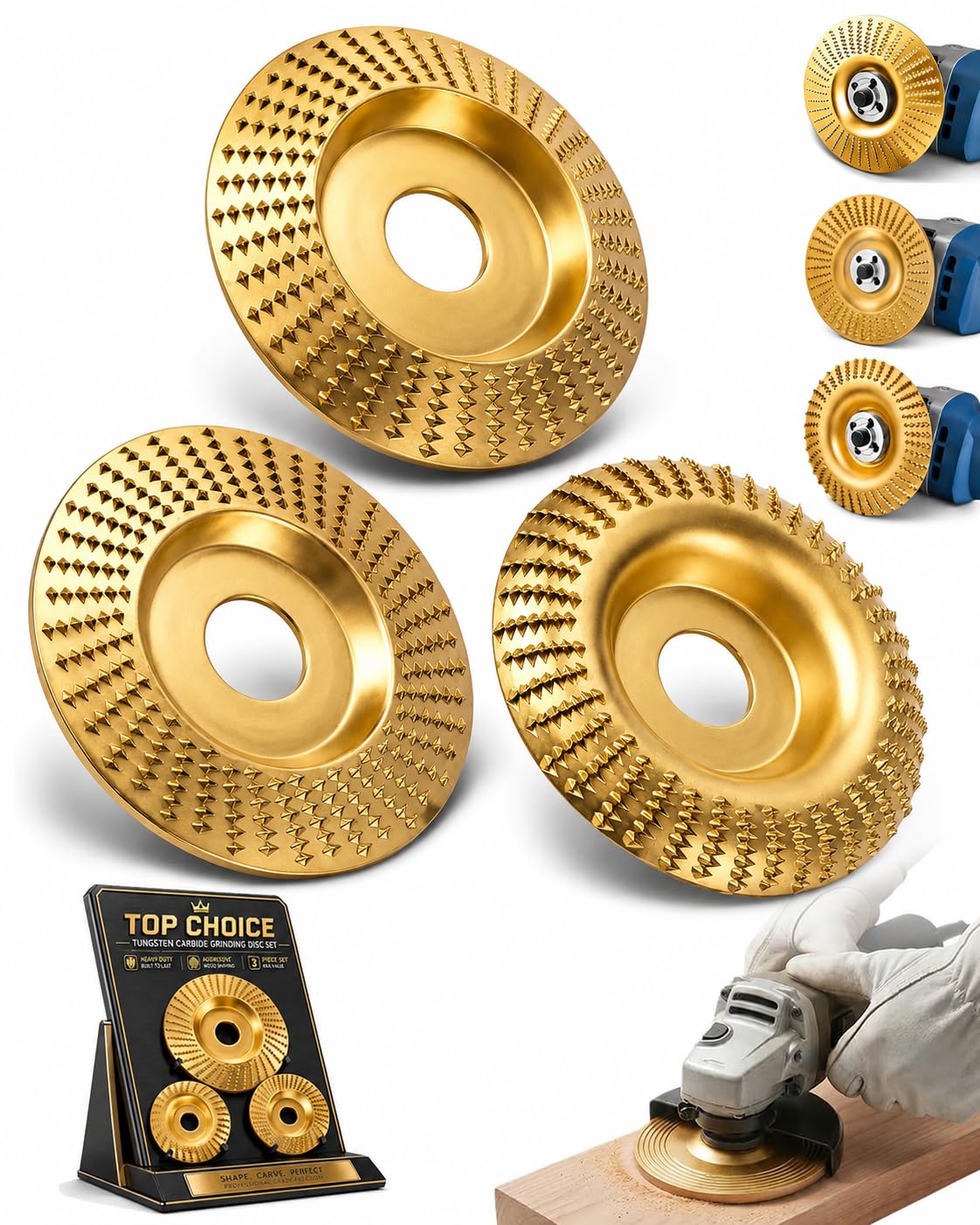 3PCS Wood Carving Tools Sanding Disc Stump Grinder Angle Polishing Pad Grinding Tungsten Carbide Wheel Discs for Attachments Tiktrove Sander Blades Set Pads Cutting Scraper Cordless (Gold)