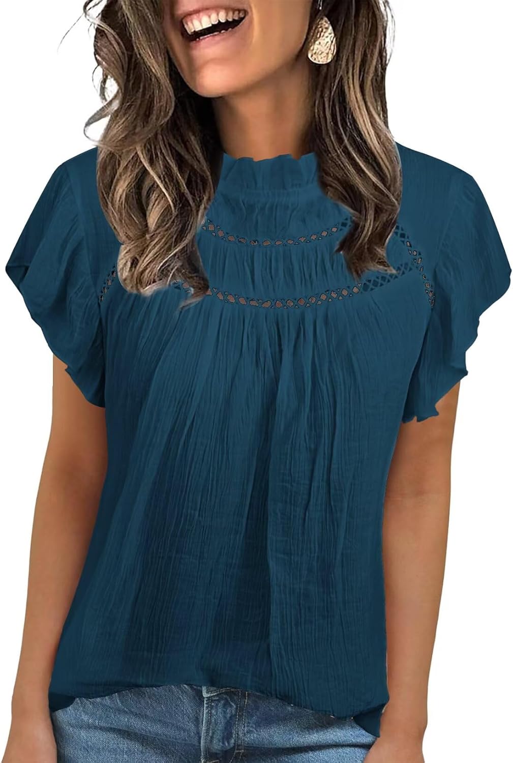 Falechay Blouses for Women Summer Tops 2025 Trendy Ruffle Sleeves Mock Neck T Shirts Pleated Front Loose Fit Work Blouse