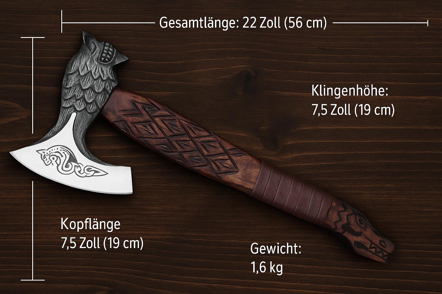 Novahaven Fenrir – Handgeschmiedete Outdoor Axt 56 cm Carbonstahl mit geschnitztem Eschenholzgriff, Wolfskopf & Drachendesign, Lederscheide für Camping & Dekoration