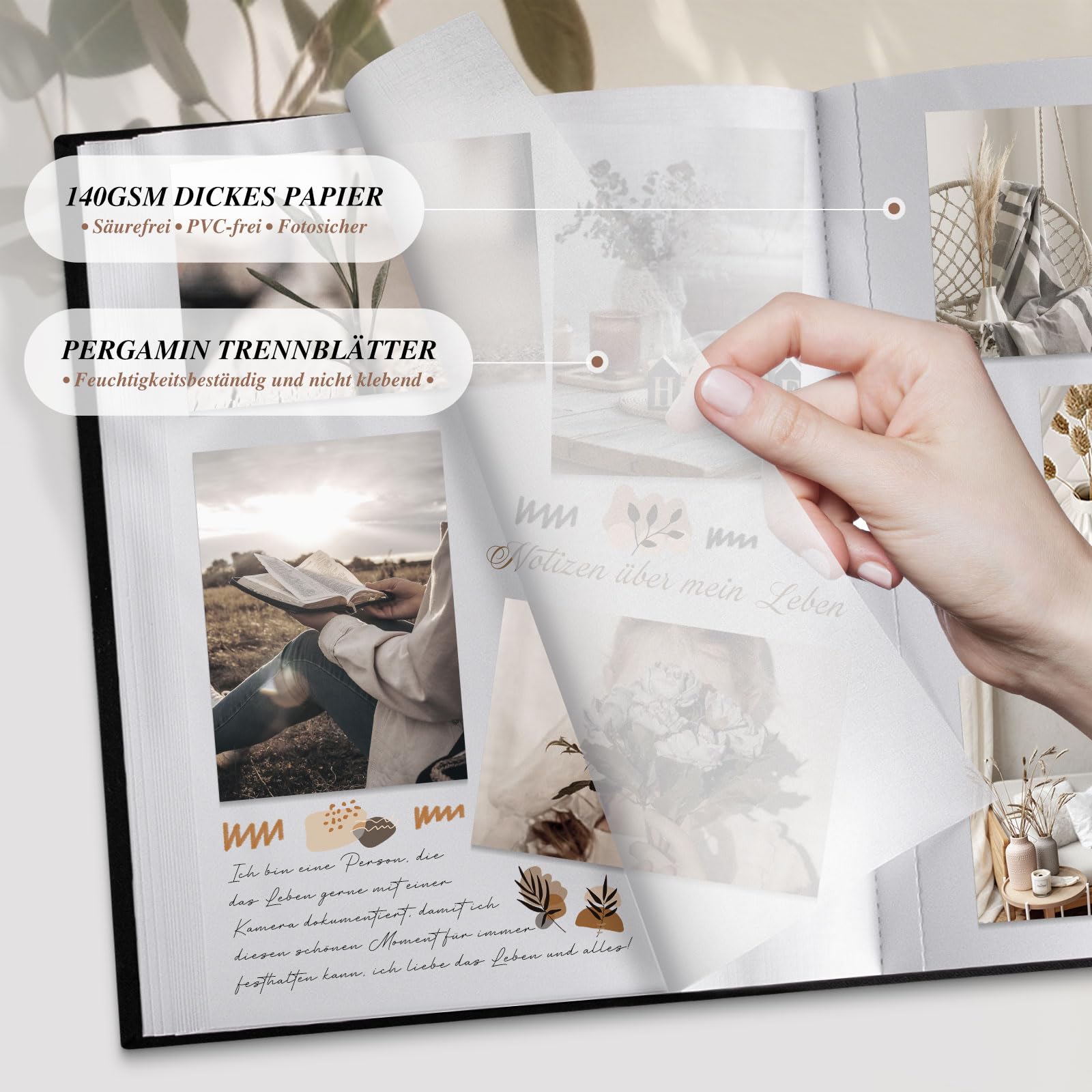 Lanpn Photo Album Scrapbooking Large Linen Window Design DIY Scrapbook 100 Blank Pages with Cellophane Dividers for Photos 9 x 13 cm 10 x 15 cm 13 x 18 cm (30 x 33.5 cm - Image 3