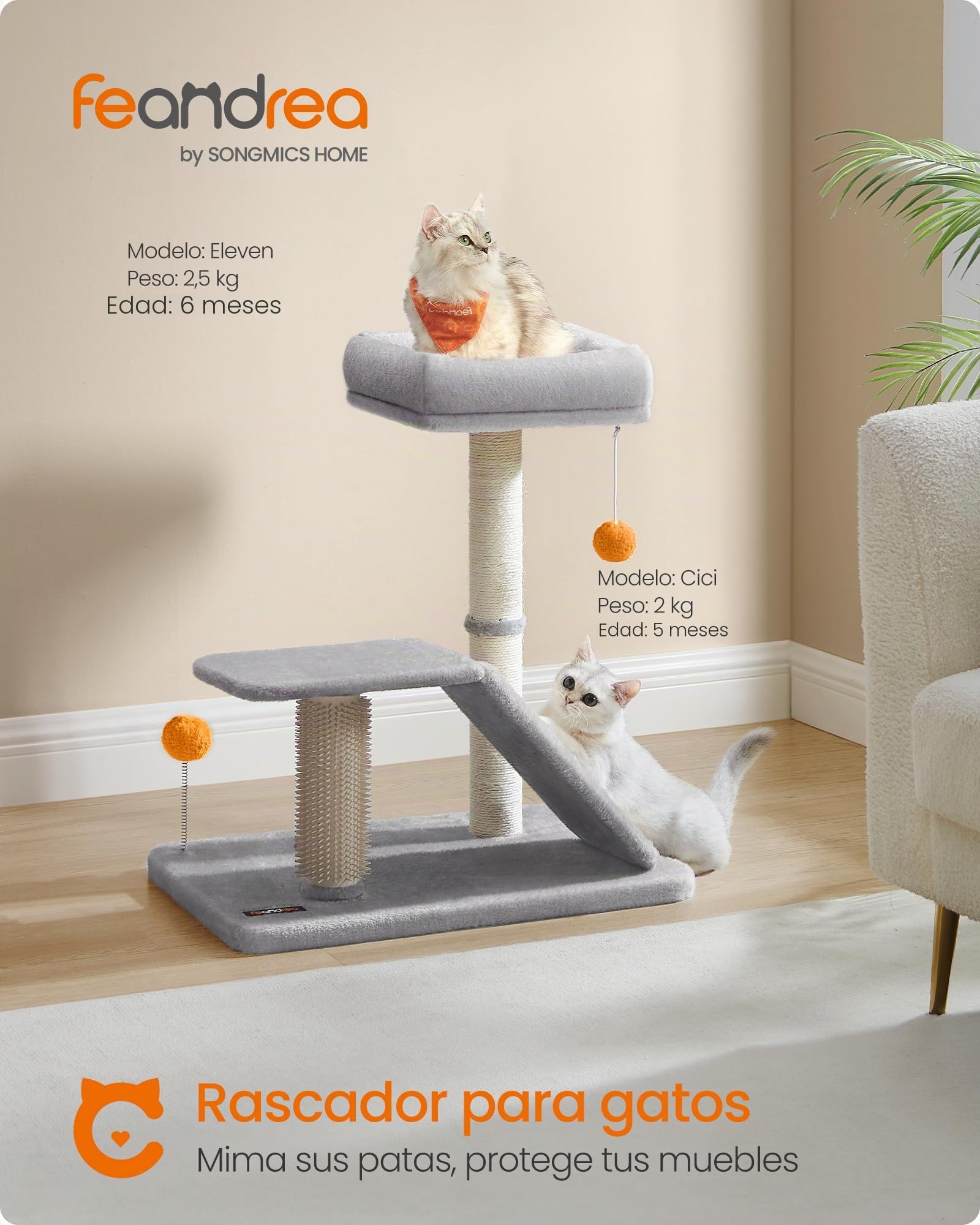 Feandrea Rascador con Cama, Rascador Multifuncional con Rampa Giratoria, Plataforma, Auto-Aseador, Pompones, Pequeño Árbol para Gatos de Interior, Gris Claro PCA024G01