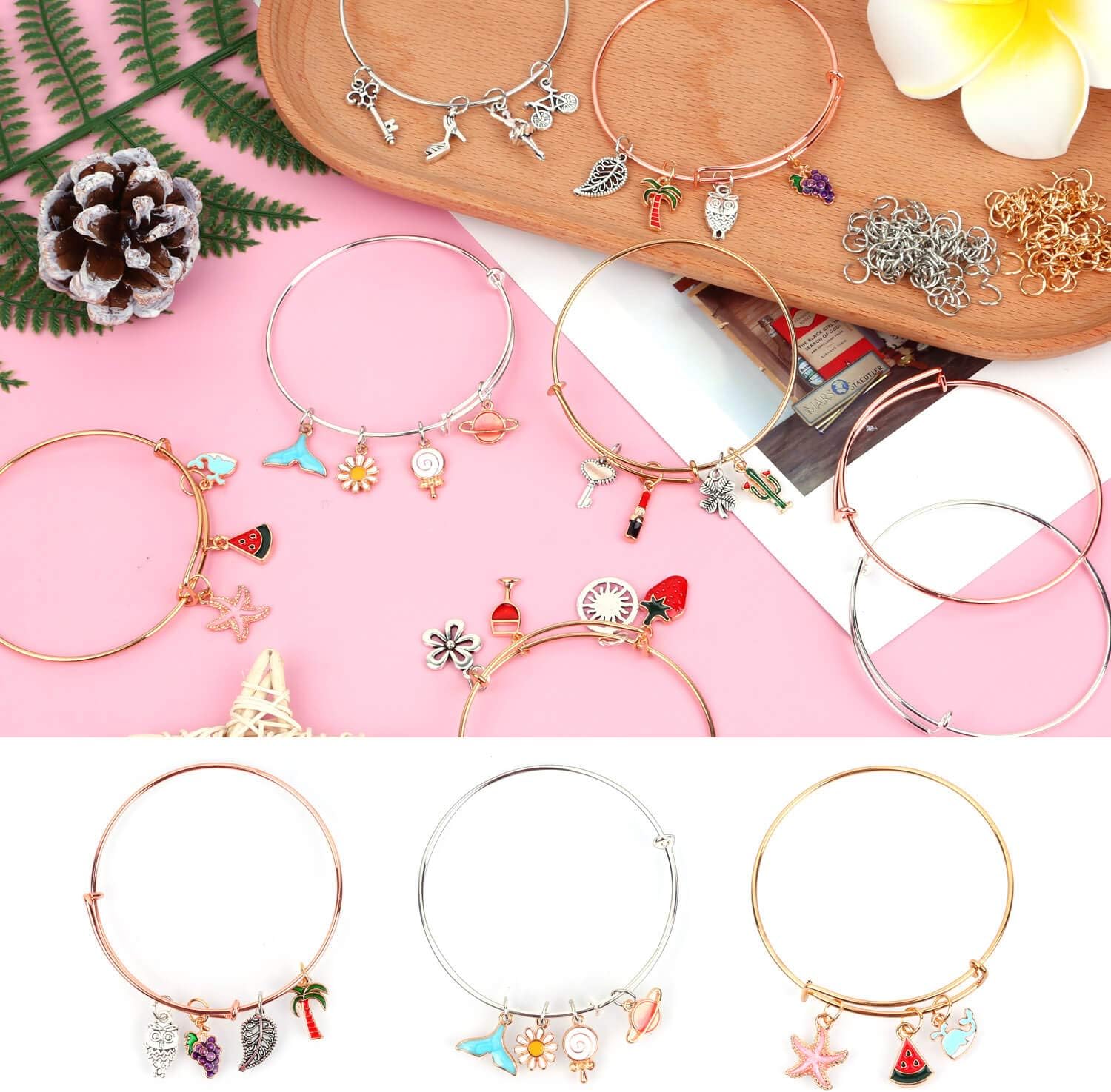 300Pcs Expandable Bangle Bracelets with Charms, Flasoo 20Pcs Bangles for Jewelry Making with 30Pcs Jewelry Charms, 50Pcs Charm Pendants, 200Pcs Jump Rings for DIY Craft