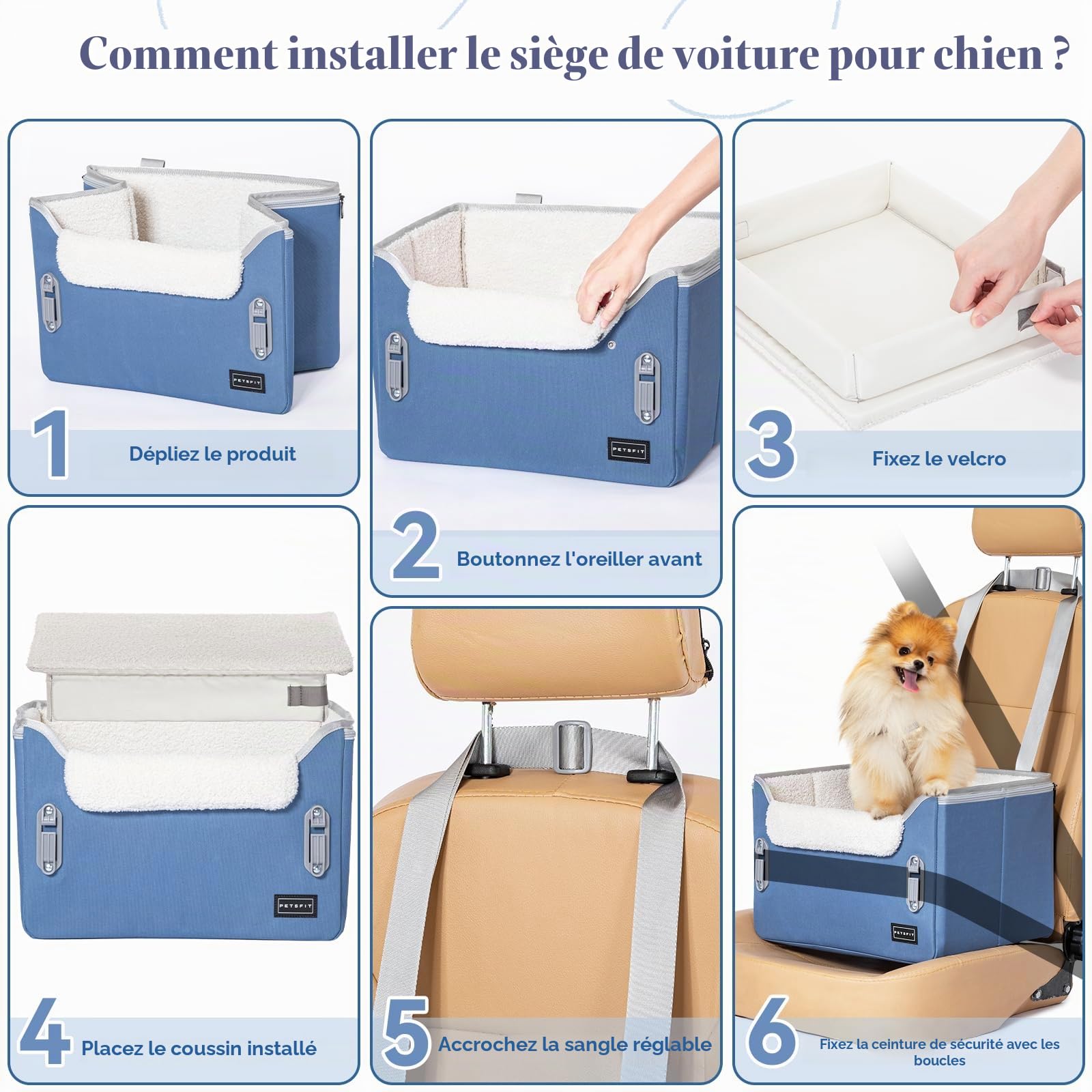 PETSFIT Siège rehausseur de voiture pour chien de taille moyenne avec 2 laisses de sécurité à clipser, boucles brevetées, siège rehausseur pour animaux de compagnie (bleu neuf, taille S)