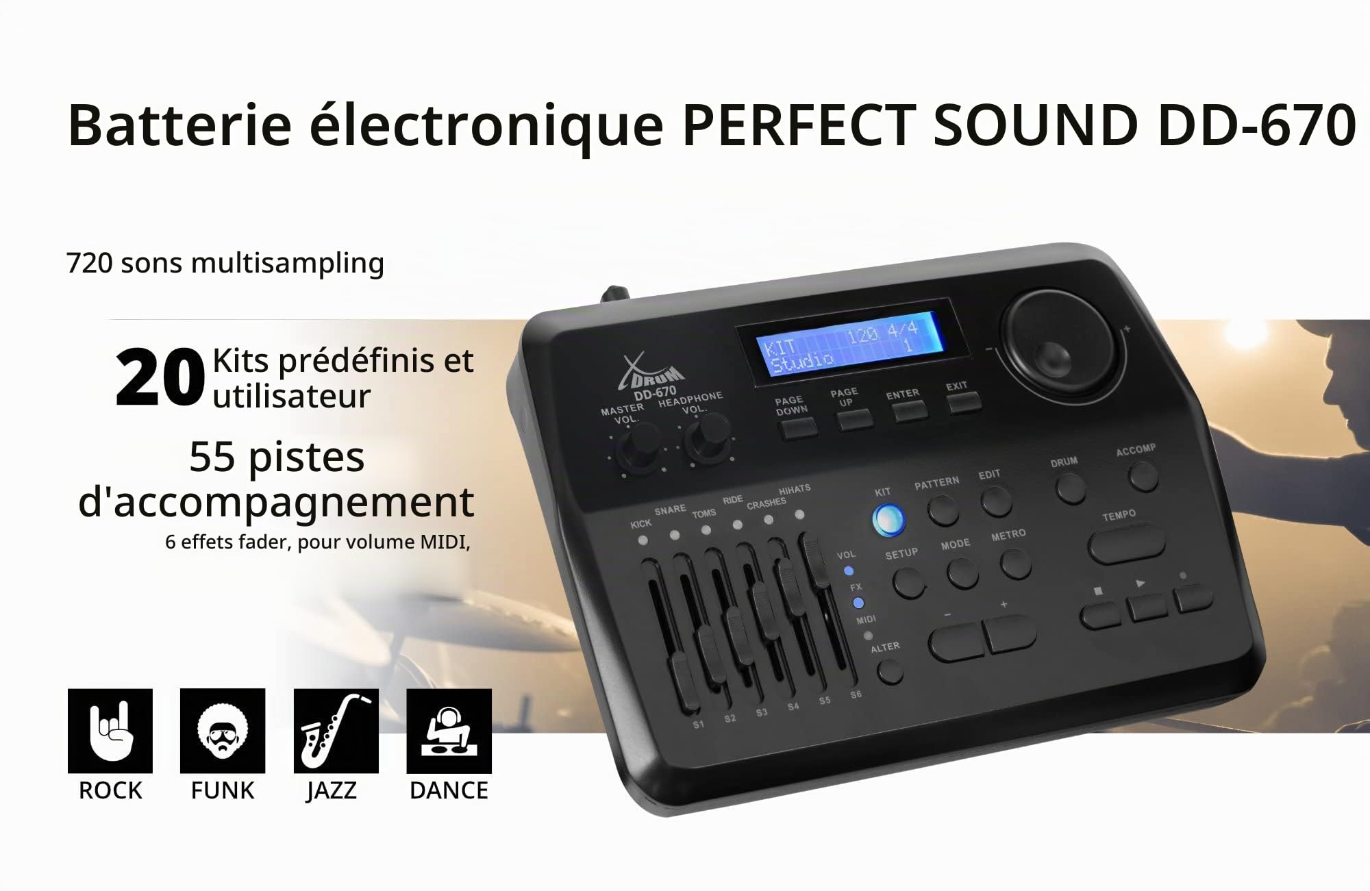 XDrum DD-670 PLUS Mesh E-Drum Kit, Batterie électronique avec peaux Mesh | Batterie électronique avec peaux Mesh double couche, 1x pad caisse claire 14"x5, 5" Dual-Zone, 1x pad grosse caisse 20"x12"