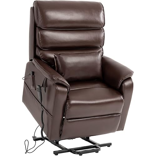 Creatuis Lift Recliner Dual Motor Lay Flat Electric Power Chair with Massage and Heat for Elderly, Infinite Position Breathable Leather Heavy Duty Living Room Sturdy Sofa (Red Brown)