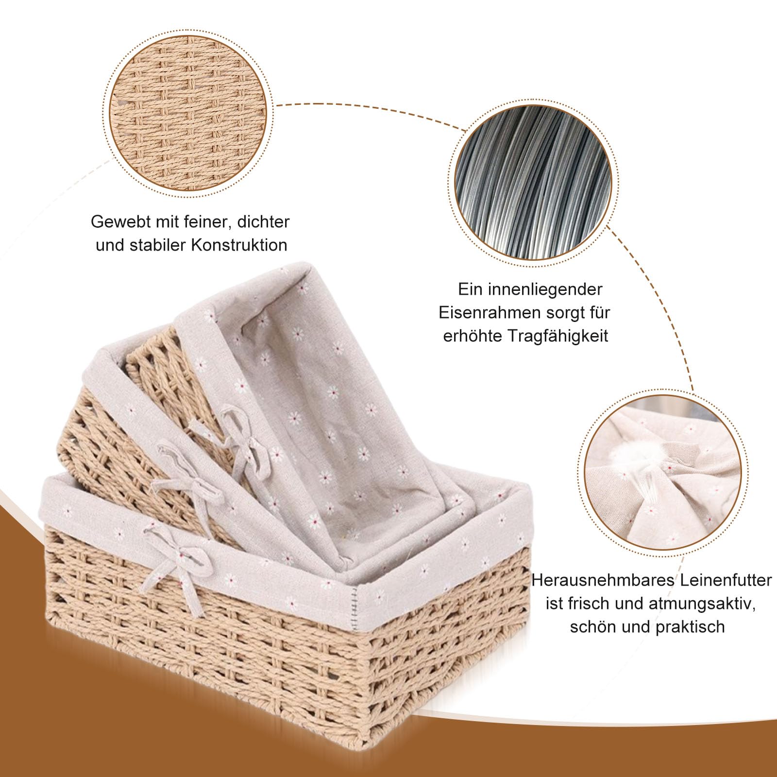 Brotkorb 3er Set, Brotkorb Geflochten mit Baumwolleinsatz, Aufbewahrungskorb Geflochten, Brötchenkorb Scandi Style, Brotkörbchen zum Brot, Backwaren und Haushaltswaren(Beige)