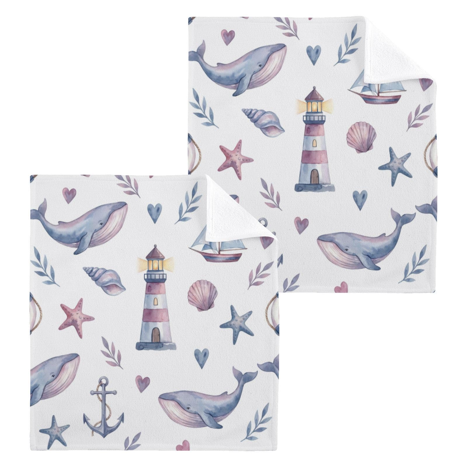 BOESI Watercolor Nautical Whale 12x12in Cotton Washcloth,Face Towel