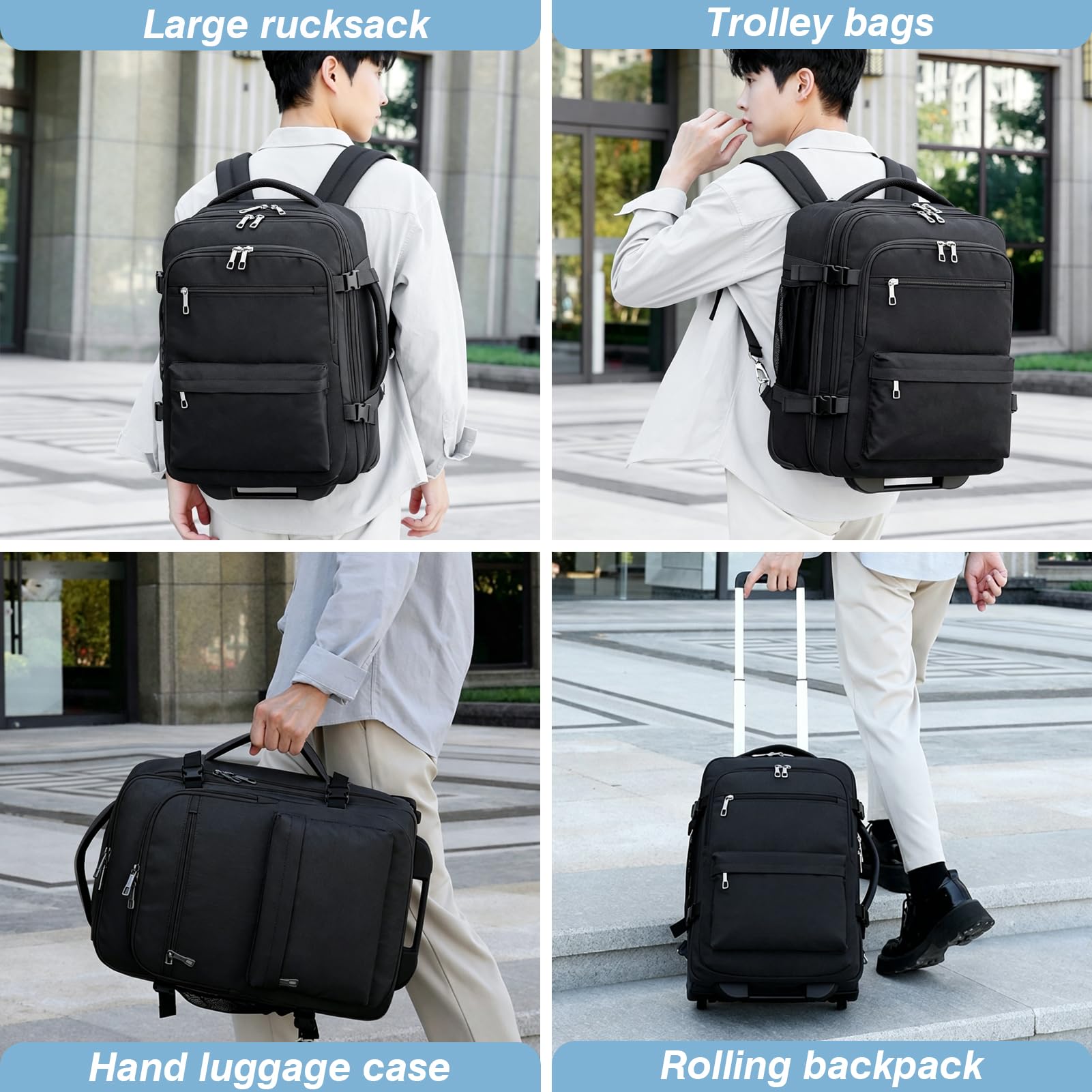 Mochila con Ruedas Adulto,Mochila Viaje Cabina Avion, Grande y Resistente, Compatible con Portátil de 16 Pulgadas, Ideal para Viajes, Trabajo y Escuela，Azul