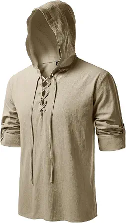 JEMITOP Men's Pure Cotton Lace-Up Renaissance Hooded Shirt