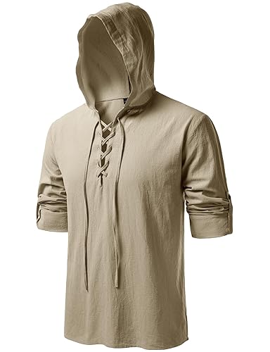 JEMITOP Men's Pure Cotton Retro Style Lace Up Hooded Shirts for Renaissance Pirate Viking Medieval Costume