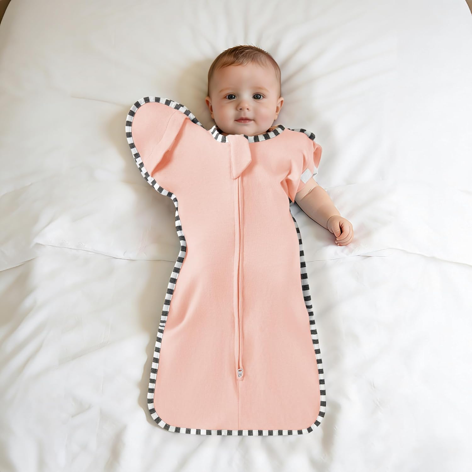 Soft Cotton Swaddle Blanket, Arms Up Baby Sleep Transitional Swaddle Sack Wearable Sleeping Bag for Boy Girl (Pink + Beige, L(6-9 Months))