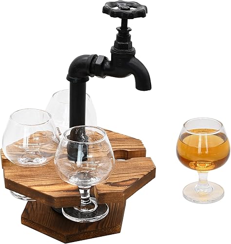 Miniatura 1 de Owlgift Tubo industrial y madera quemada CervezaWhisky Vuelo Set con 4 vasos, grifo de hierro fundido diseño de espita