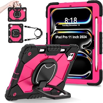 Protective Case for iPad Pro 11 inch 2024 M4ModelA2837/A3006,Heavy Duty Full Body Shockproof with 360Rotatable Kickstand,Pencil Holder for Kids,Hand Grip/Shoulder Strap,Rosy Red