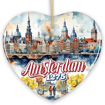 Artistic Amsterdam Landmarks and Heritage Christmas Ornament, Cultural Netherlands Gift and Keepsake Heart