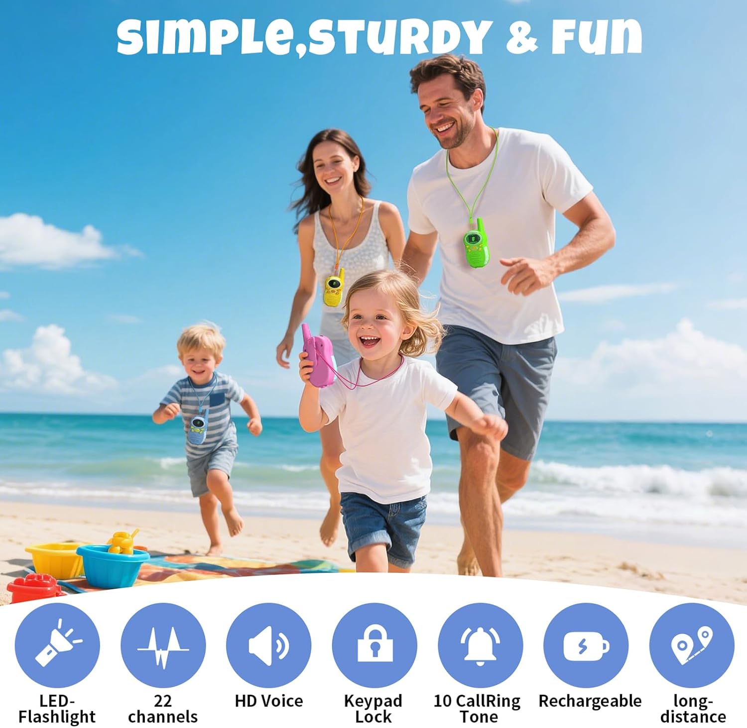 Walkie Talkies for Kids 4 Pack - Boys Girls Christmas Toys Birthday Gifts for Age 4-6 6-8 Year Old Kid Presents - Rechargeable Long Range 2 Way Radio Flashlight Outdoor Toy Camping Hiking Blue Pink Yellow Green image 3 of 7 B0FP2PG2RT