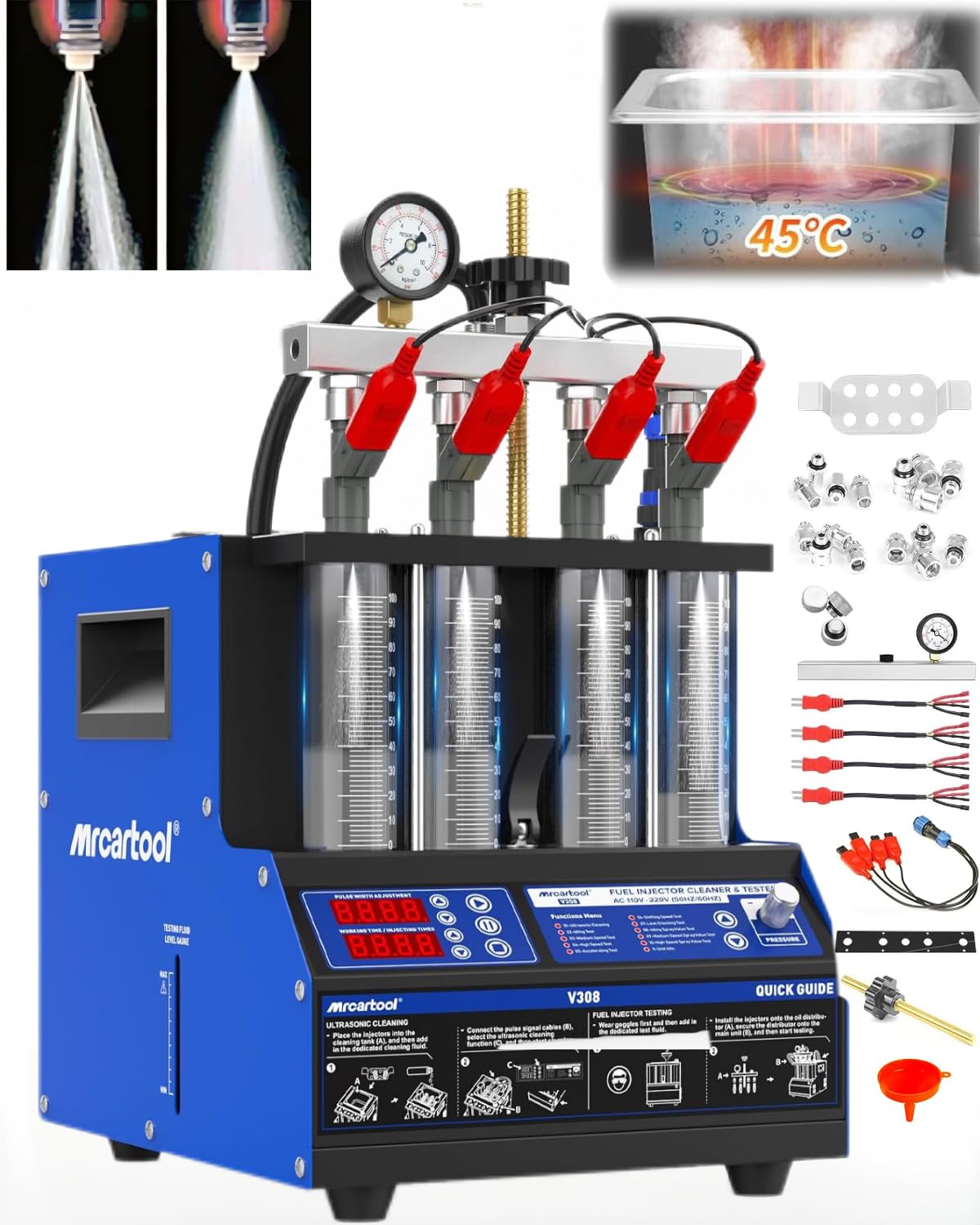 V308 Limpiador de inyectores de combustible, probador de limpieza por ultrasonidos con 9 modos de prueba, sistema de combustible de 4 cilindros, kit de herramientas de limpieza por inyección para