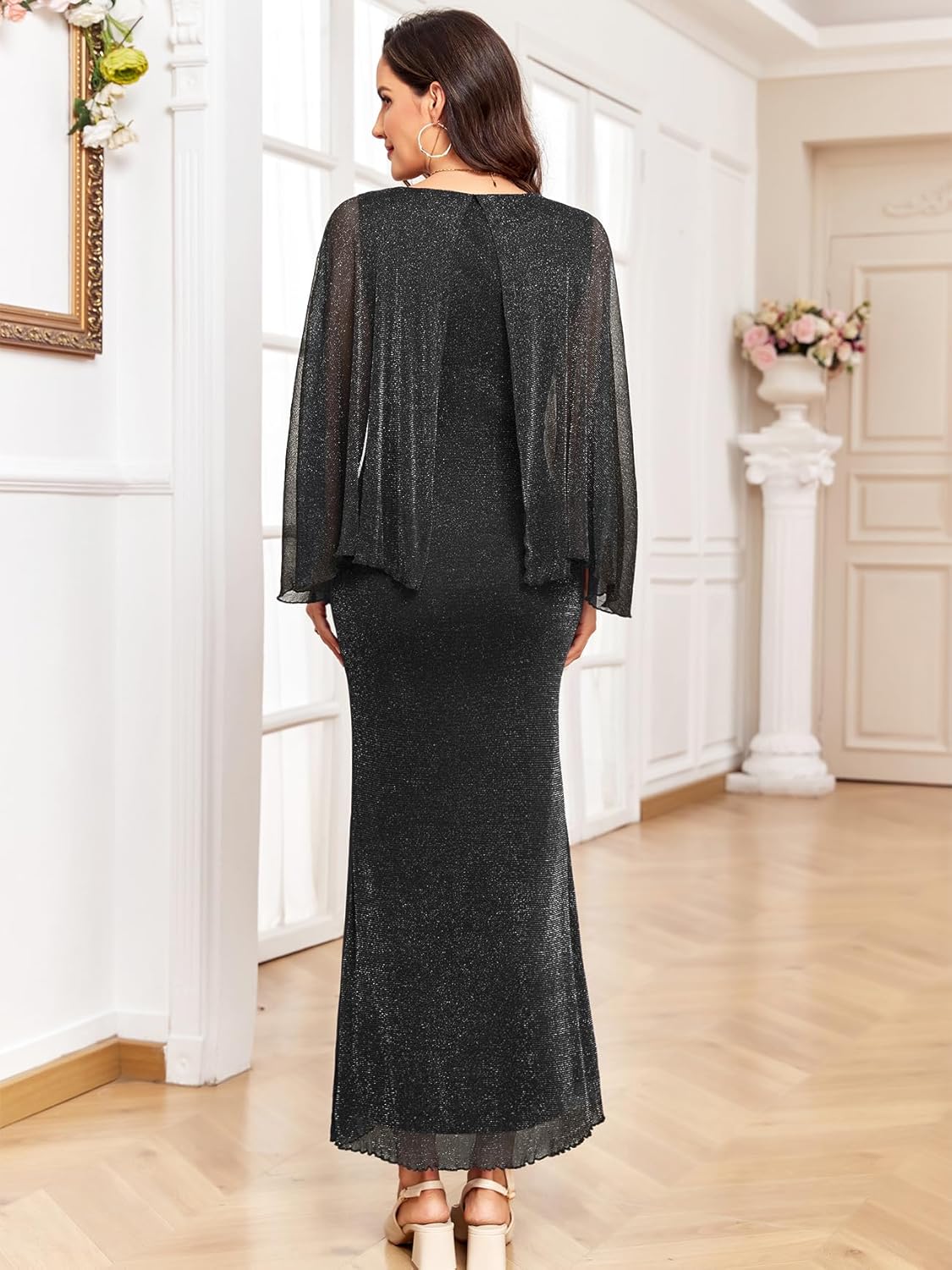 Maternity Sparkly Cape Mesh Dress Maxi Mermaid Bodycon Pregnancy Dresses Wedding Guest Baby Shower Formal Dress - Image 2