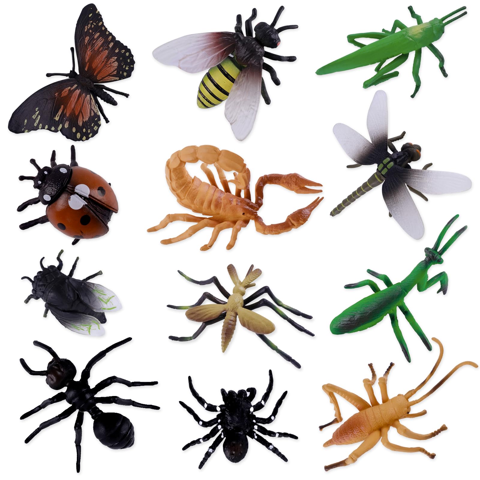 12pcs Realistic Insect Toy Figures Fake Large Bug Lady Bug Dragonfly Butterfly Cake Topper Vivid Spider Mosquito Toys Praying Mantis Toy for Kids Birthday Party Favors Educational Projects