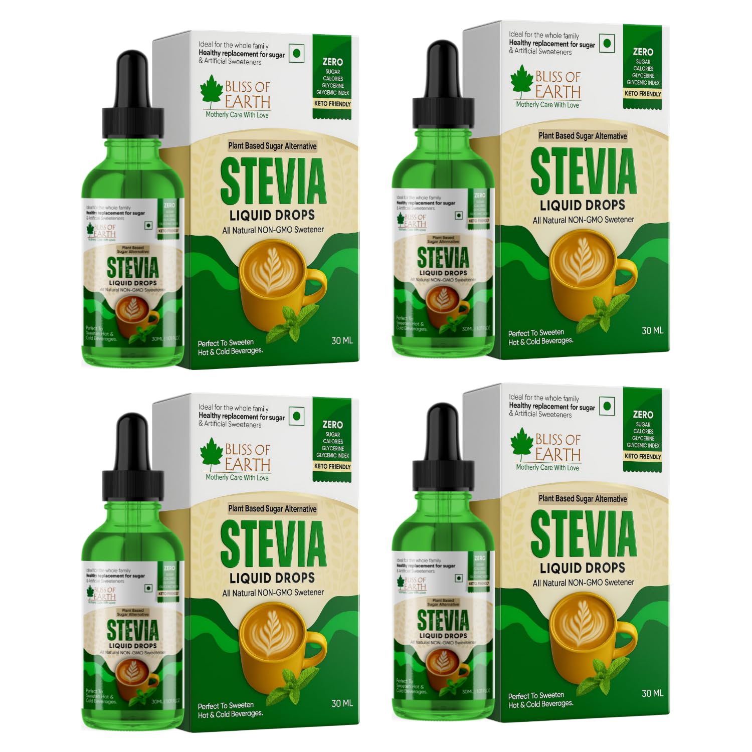 Bliss of Earth Stevia Liquid Drops Sugar free Zero Calorie Diabetic and Keto Friendly Sugar Substitute Glycerin Free 99.8% REB Glass Bottle Pack of 4x30ml