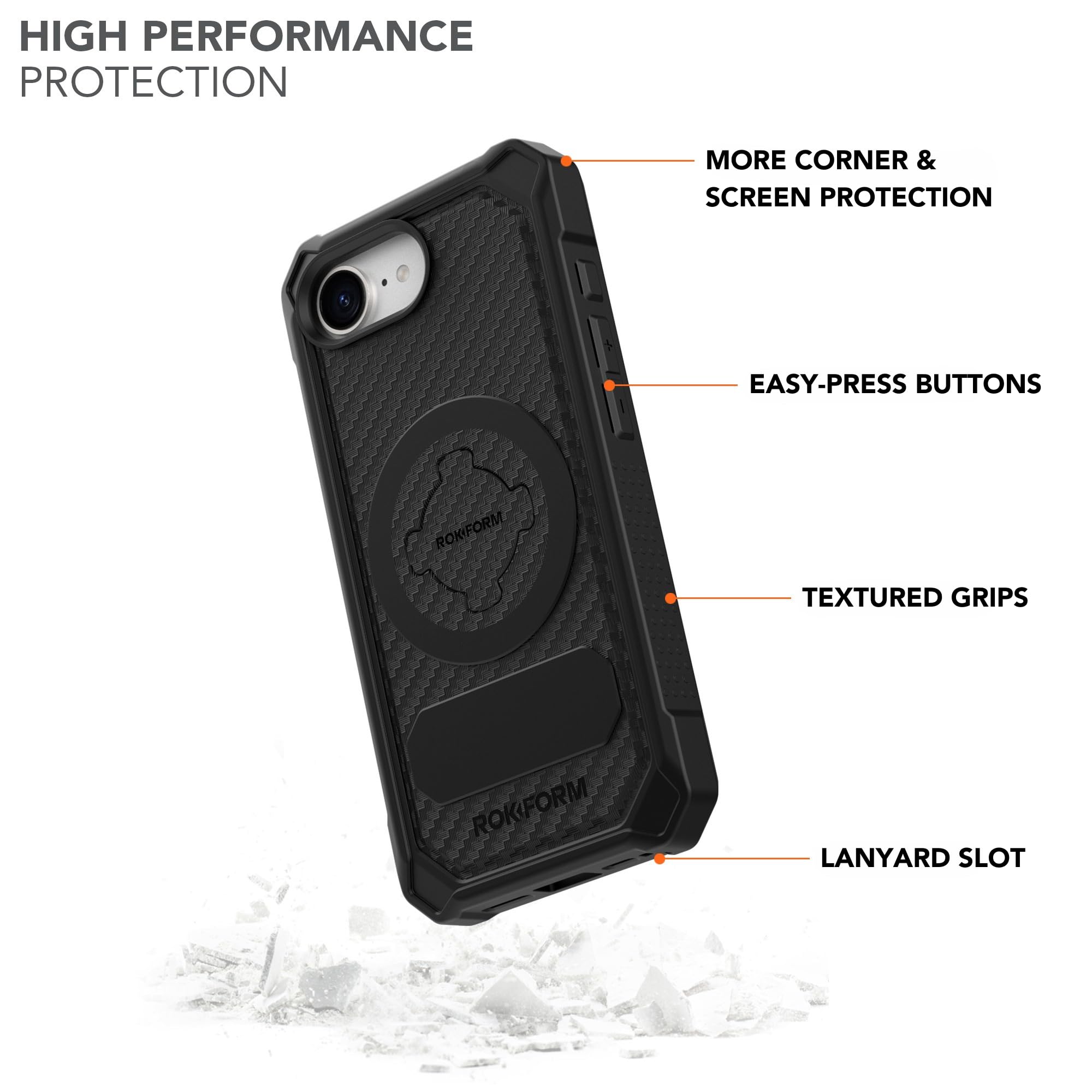 Rokform iPhone 16e robustes Gehäuse, magnetisch + RokLock (schwarz)