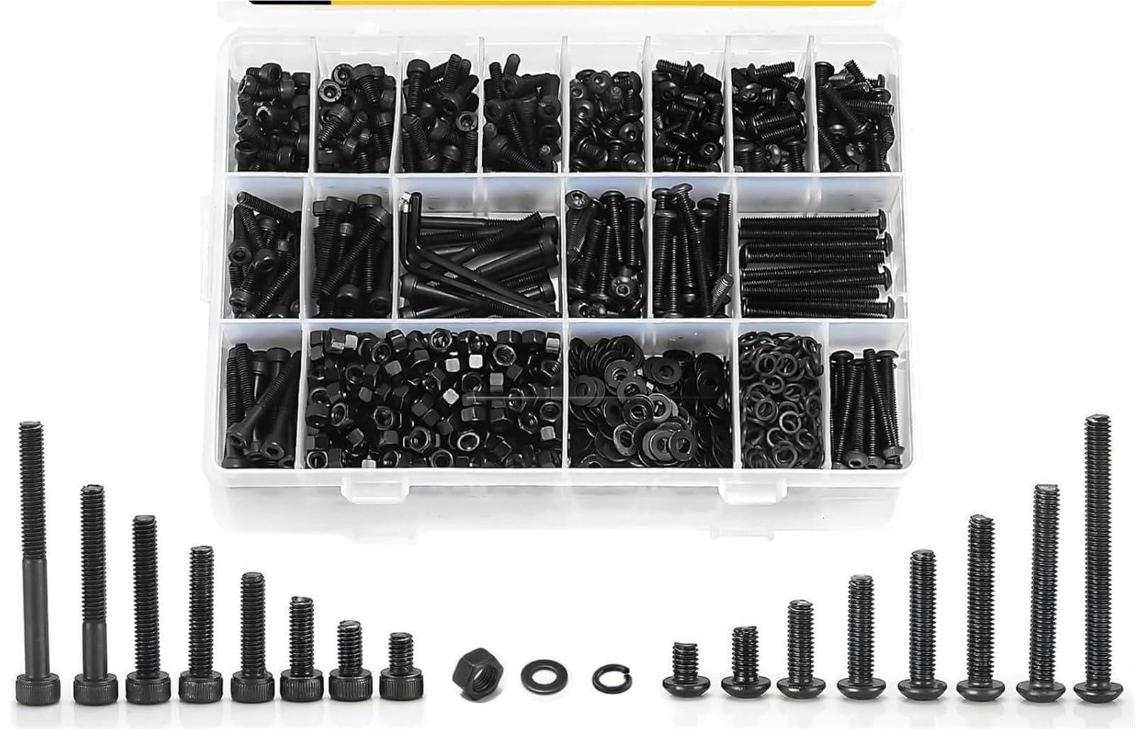 Surtido de 1400 tornillos, tuercas y arandelas M4 (M4 x 6 mm - 40 mm), kit pernos máquina con cabeza hueca hexagonal Juego de Tornillos y Tuercas