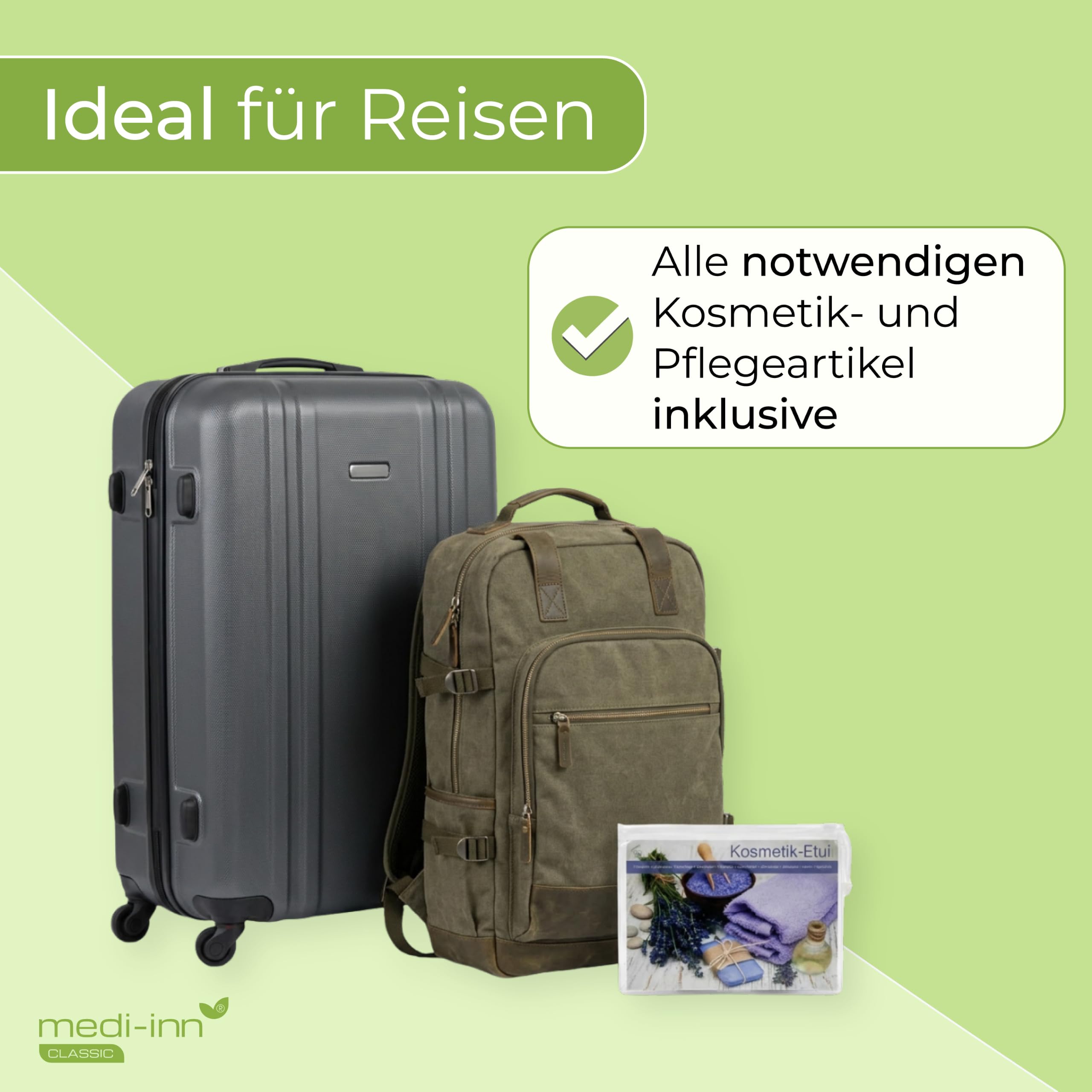 Medi-Inn Reise-Essentials Kulturbeutel transparent, 10-teilig, 20 Stück | Travel Kit fürs Handgepäck: Inhalte je unter 100 ml, für Damen & Herren, komplett bestückt für Flugreisen & Hotel