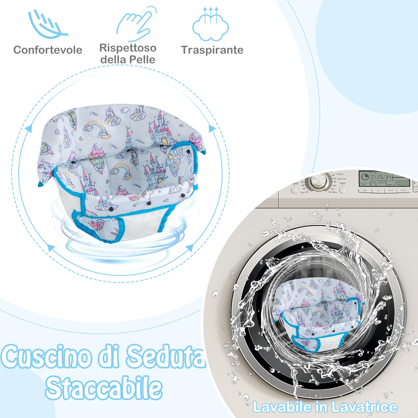GYMAX Girello Convertibile 6 in 1 per Bambini, Girello Pieghevole con Ruote, Cavallo a Dondolo per Bambini con Pedana, Luci e Musica e Giocattoli, per Bambini di 7-14 Mesi (Blu)