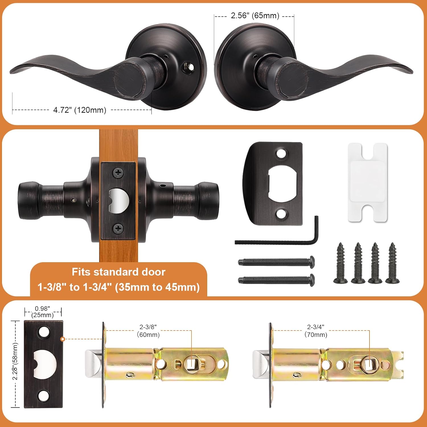 Probrico Interior Oil Rubbed Bronze Door Handle, Wave Style Passage Door Handles, Keyless Door Levers Lockset for Closet and Hallway (1 Pack, Modern)