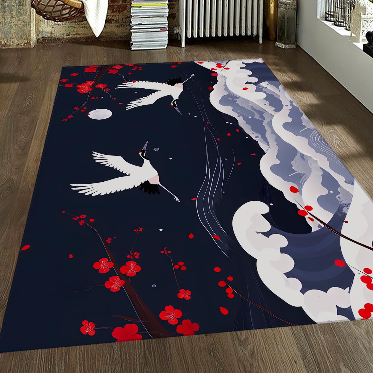 Tapis de cuisine lavable 160x230 antidérapant style japonais avec grue et surface douce