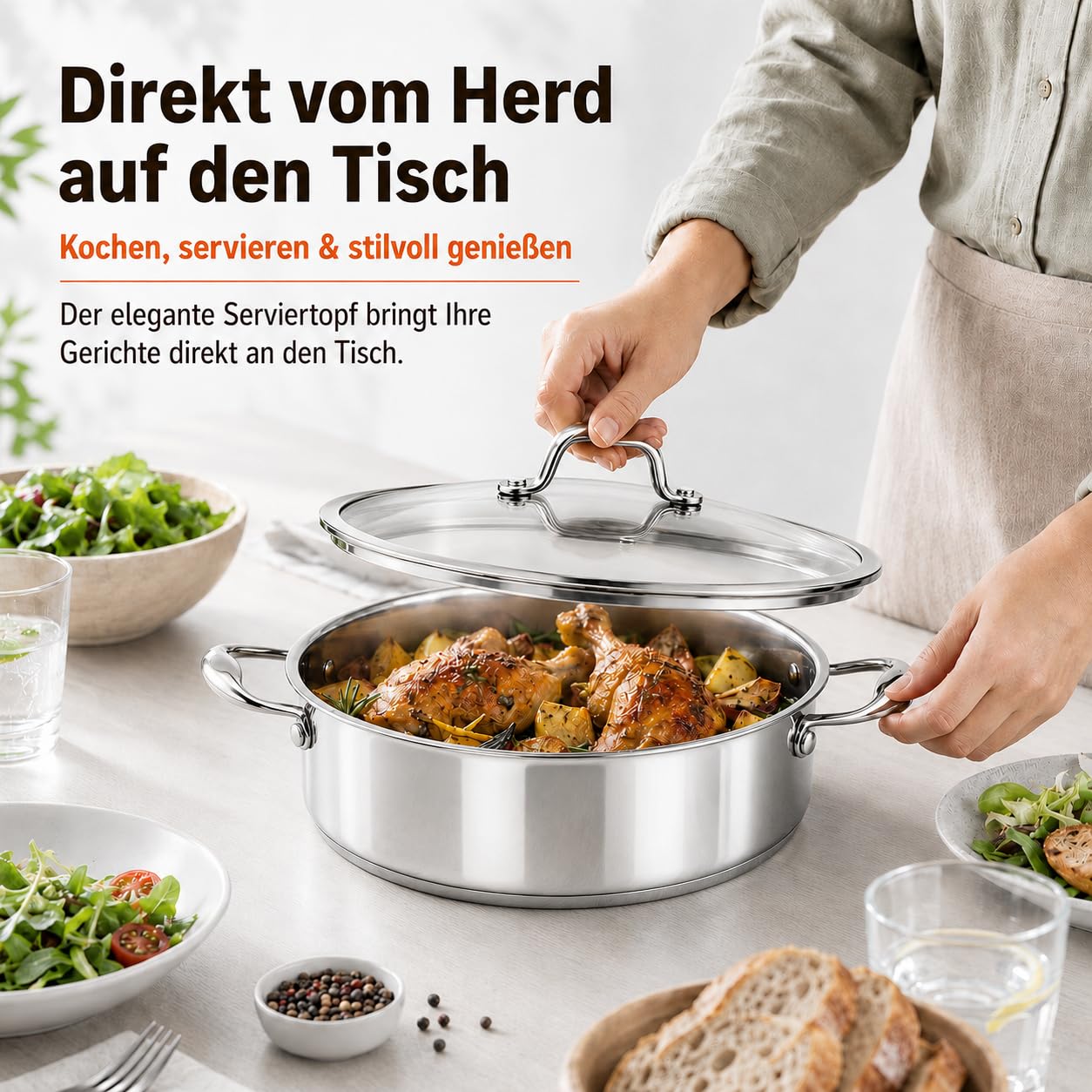 DELARLO Schmorpfanne 28cm Hoher Rand 5,6 L, Edelstahl Servierpfanne | 7mm 3‑lagiger Boden, Unbeschichtet, PFOA Frei, PFAS Frei, PTFE Frei, Geeignet für alle Herdarten, Ergonomischer Griff