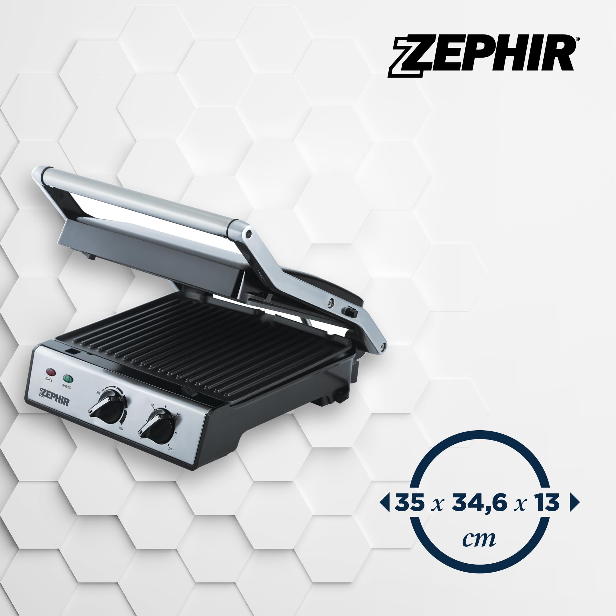 Zephir Bistecchiera Elettrica 2000W con Timer 30 Minuti, Piastre Antiaderenti Amovibili, Apertura 180°, Piastra Regolabile in Altezza, Raccolta Grassi