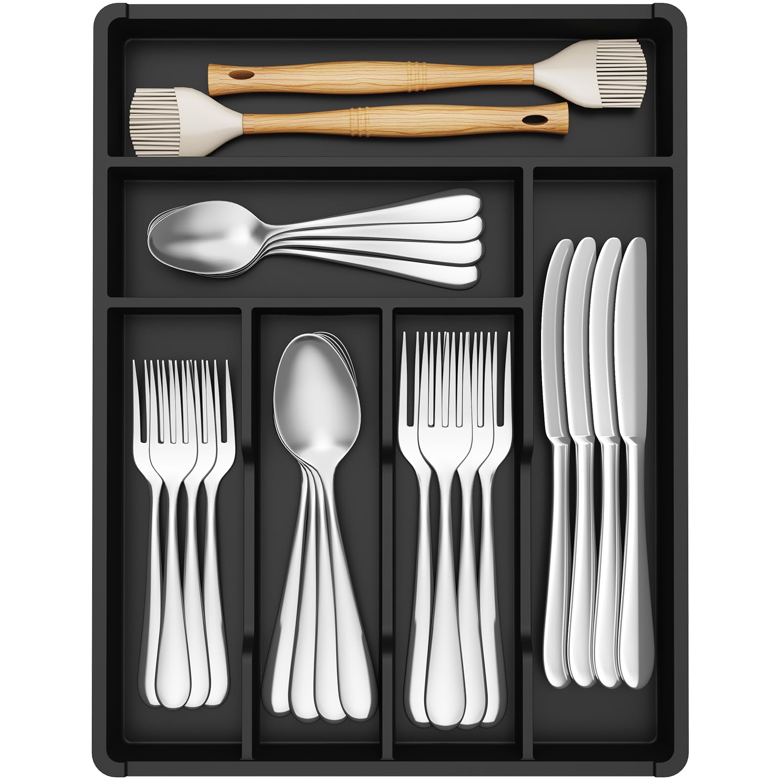 LifewitCutlery Drawer Organiser,Plastic Cutlery Tray for Kitchen, Small Flatware Silverware Knife & Fork Organiser for Deeper Drawer, Kitchen Countertops Tableware Holder,6 Compartment, BlackRecycled Claim Standard 100