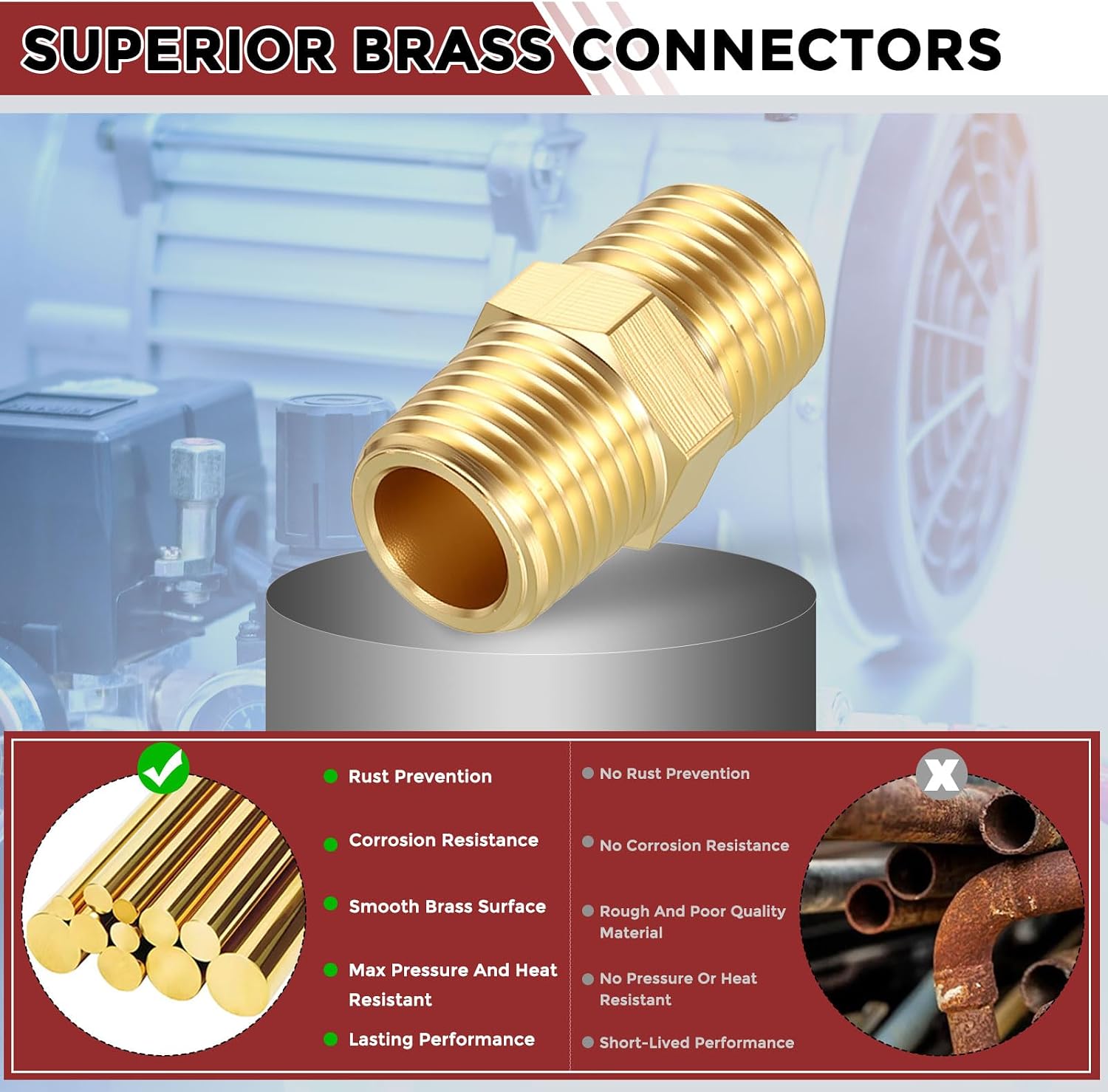 Pack of 10, 1/4" MNPT to 1/4" MNPT Solid Brass Hex Nipple Hose Connectors, Male Pipe Adapter for Pipe Leak Repair, Bathroom Remodeling, Tool Extensions, Compression