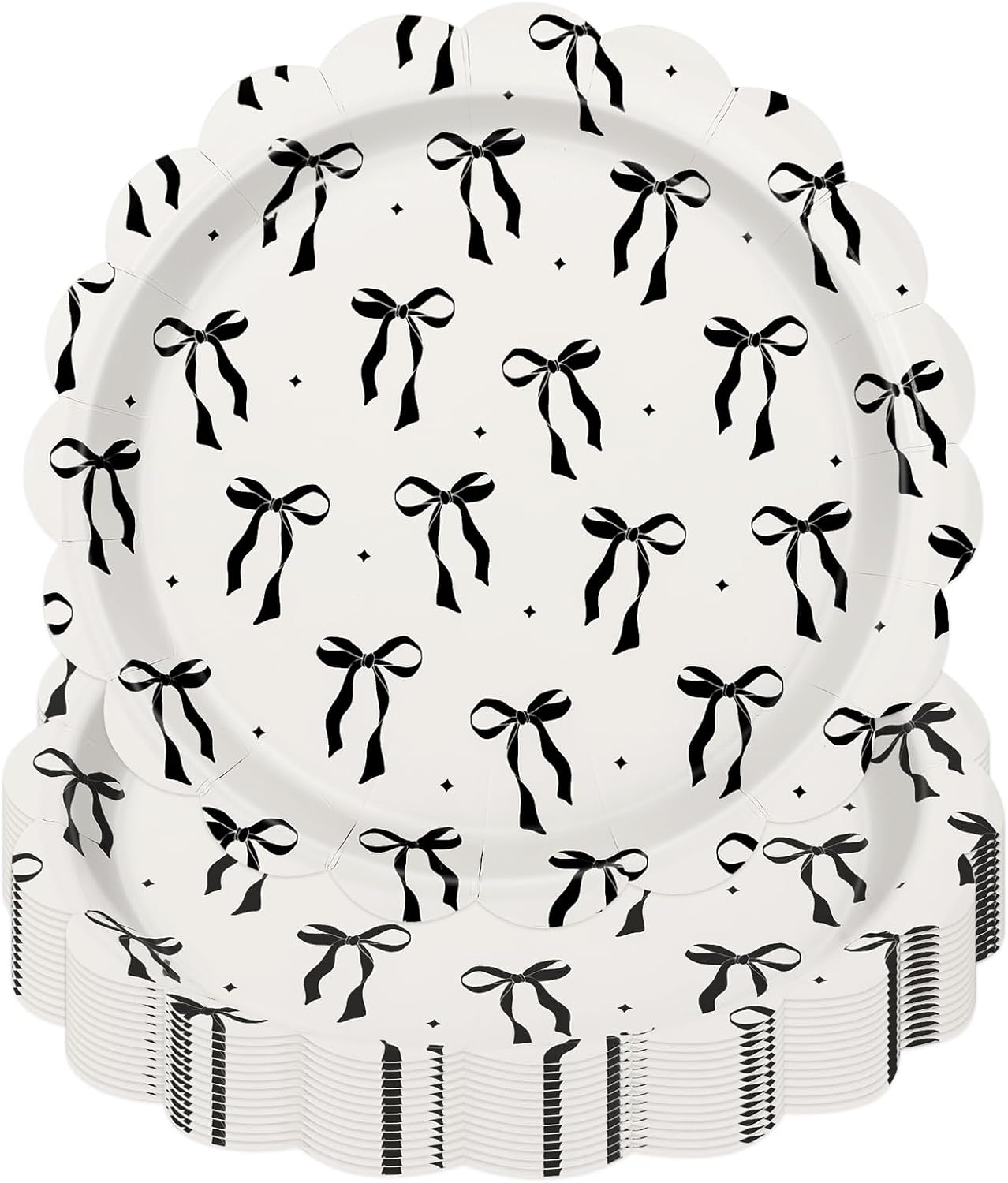 JarThenaAMCS 50Pcs Black Bow Paper Plate Scalloped Bowknot Disposable Plate 9 Inch Decorative Dinner Plate for Birthday Bachelorette Party Table Decor