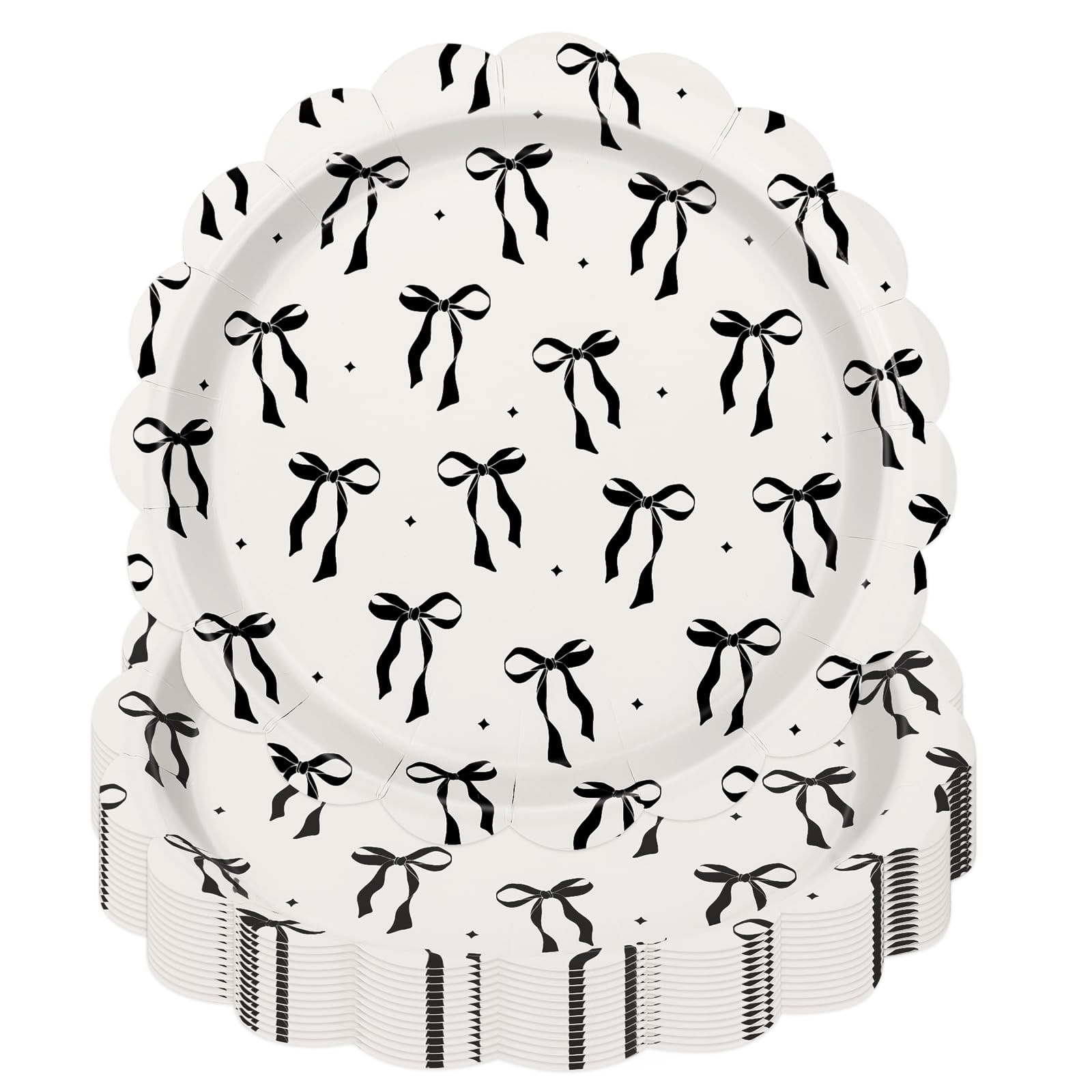 JarThenaAMCS 50Pcs Black Bow Paper Plate Scalloped Bowknot Disposable Plate 9 Inch Decorative Dinner Plate for Birthday Bachelorette Party Table Decor